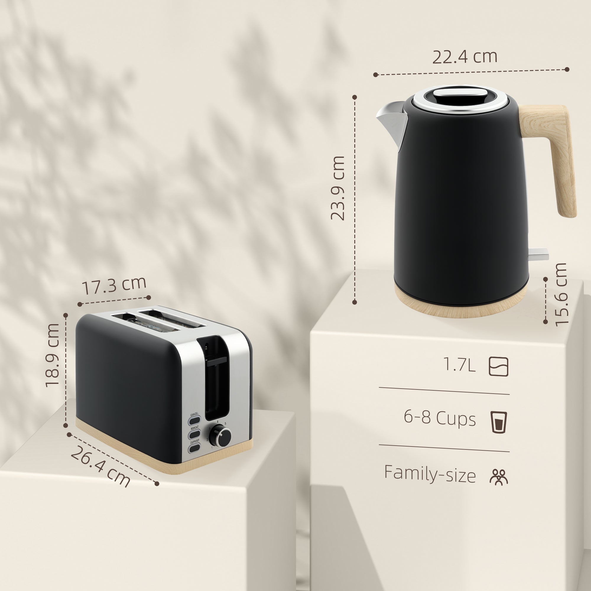 Kettle and Toaster Set, 1.7L 3000W Fast Boil Kettle & 2 Slice Toaster Kitchen Set with 7 Level Browning Controls, Defrost, Reheat, Auto Off, Boil-dry Protection, Black