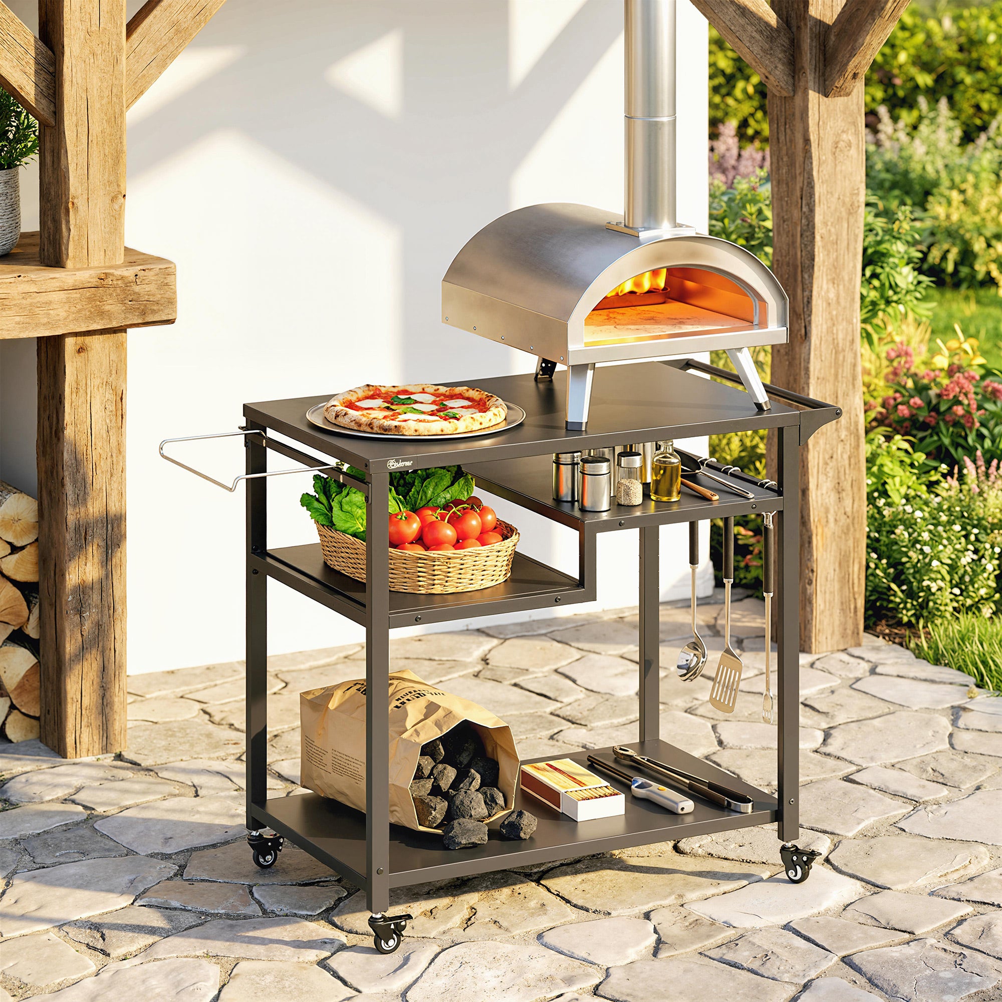 Outdoor Grill Cart, Three-Tier Pizza Oven Stand with Steel Tabletop, Hooks, Rubbish Bag Holder, Wheels, Black