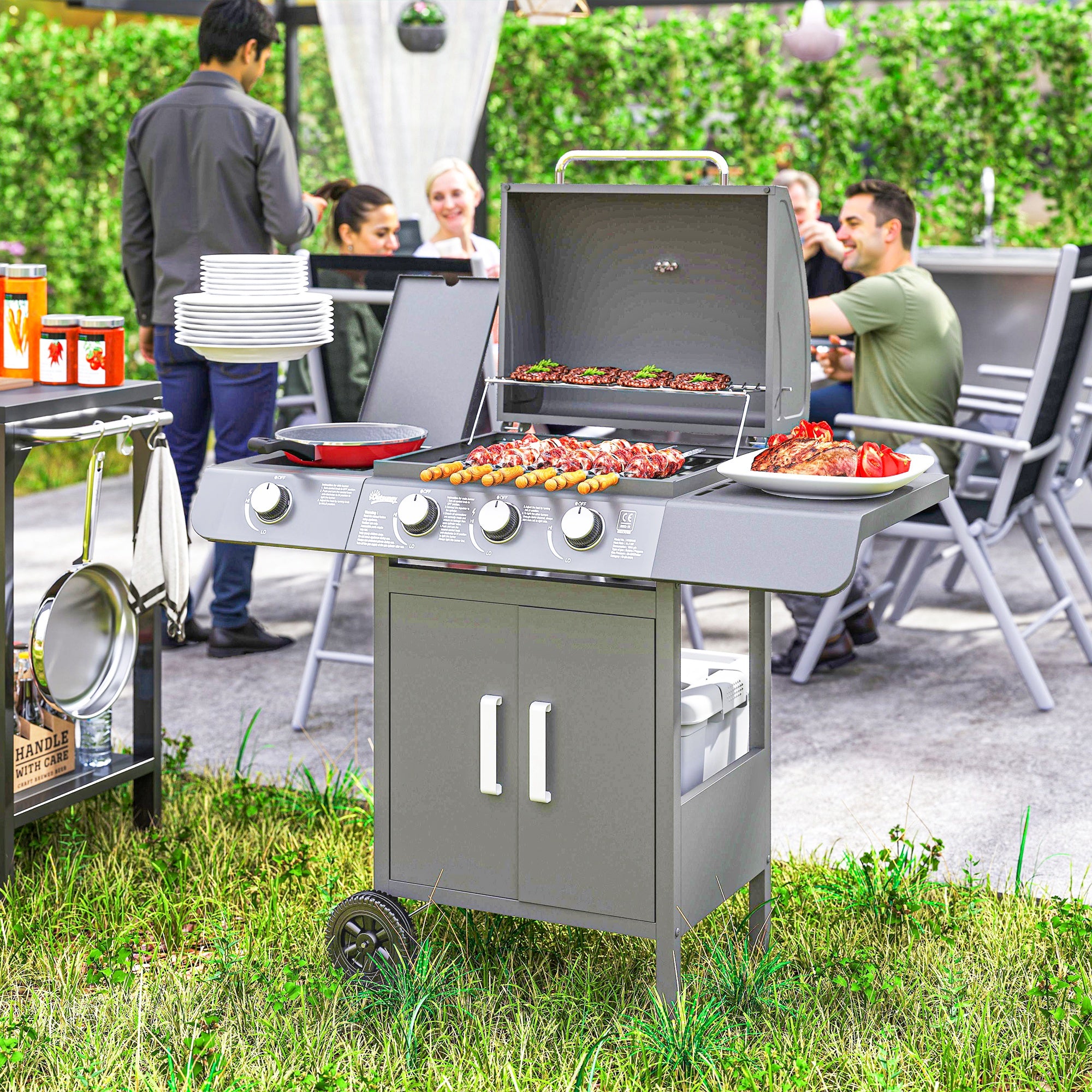 3+1 Burner Gas BBQ Grill Trolley with Wheels, Side Shelves, Cabinet & Thermometer - Grey