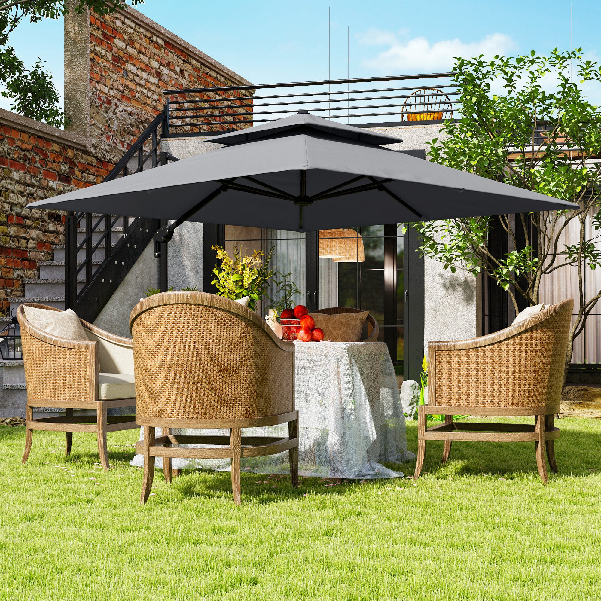 3 x 3m Cantilever Parasol with Aluminium Frame, Crank, Tilt & 360° Rotation, Double Top Garden Umbrella with Base and Cover - Light Grey