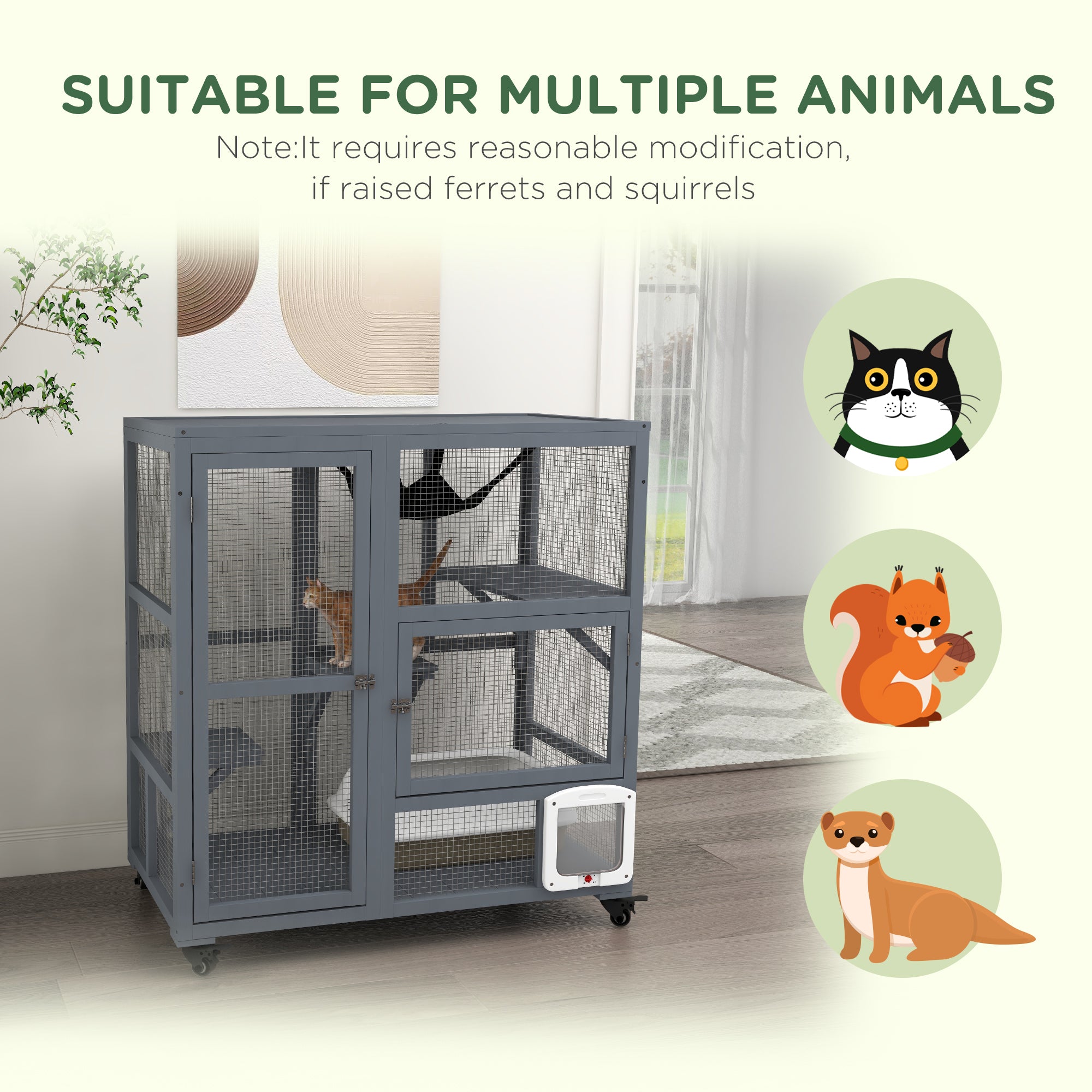 Cat House, Wooden Outdoor Catio Cat Enclosure on Wheels, Wooden Kitty Cage with Platforms, Hammock, Light Grey