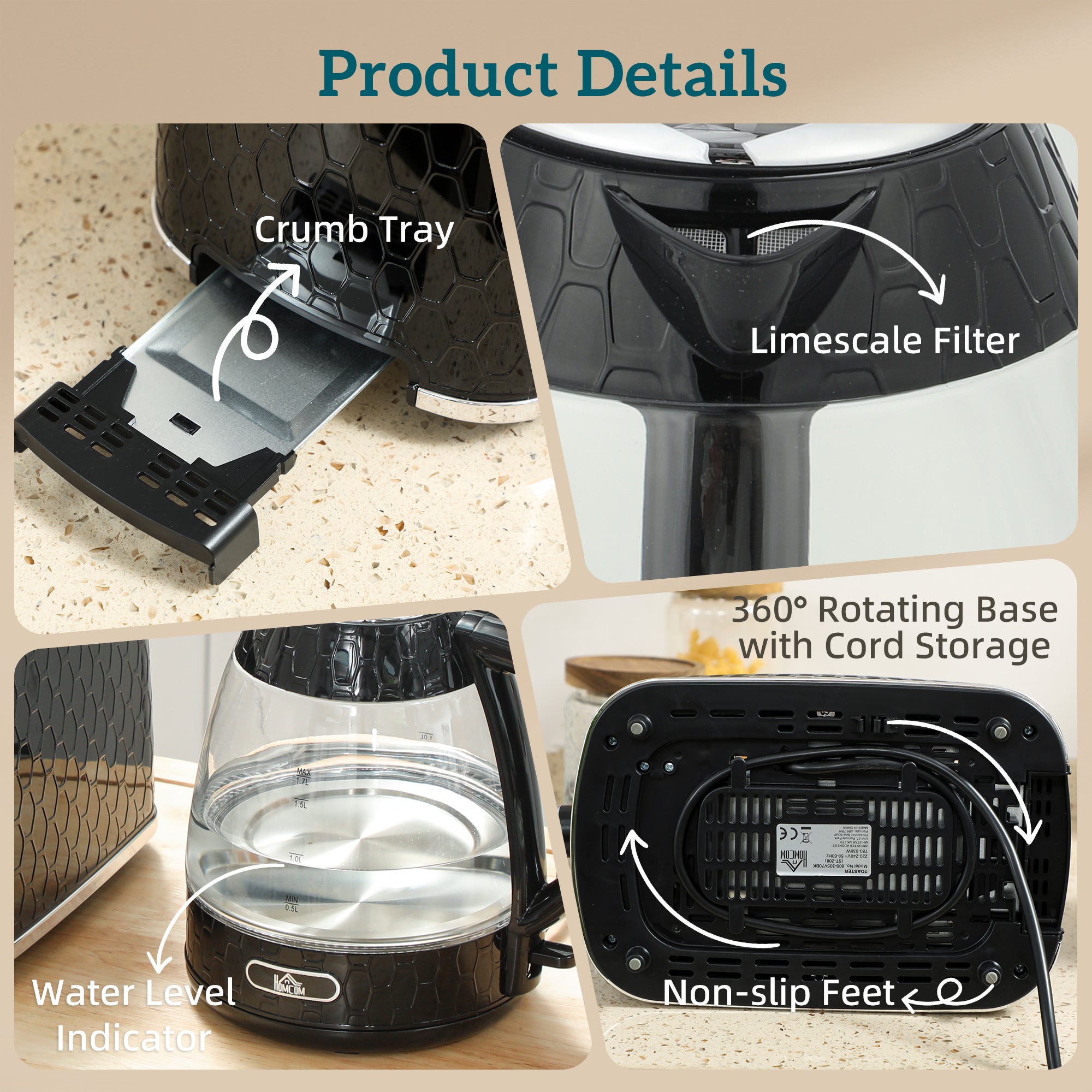 Kettle and Toaster Set, 1.7L 3000W Rapid Kettle with Limescale Filter, 2 Slice Toaster with 7 Browning Controls, Black
