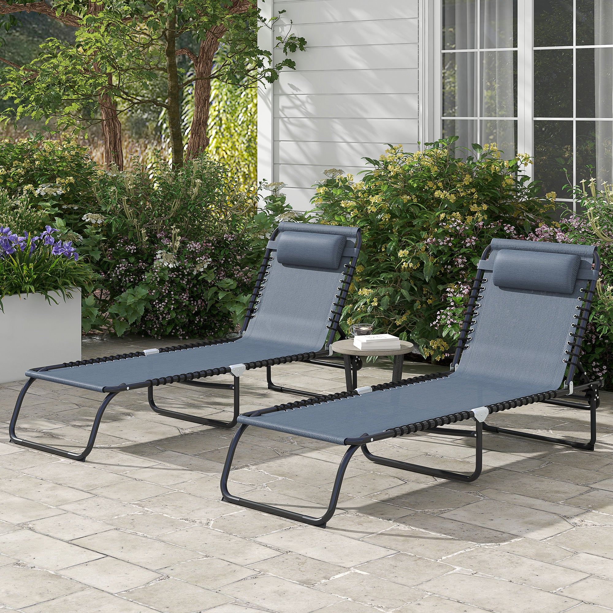 Set of Two Folding Sun Loungers, with Four-Position Backs - Grey