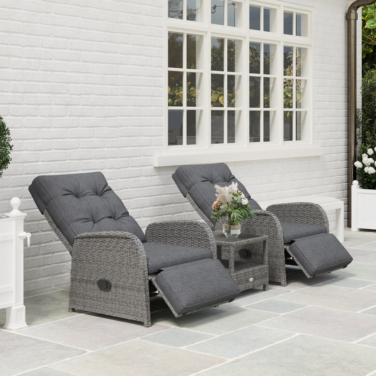 2 Seater Patio Rattan Wicker Chaise Lounge Sofa Set with Cushions and Coffee Table - Grey