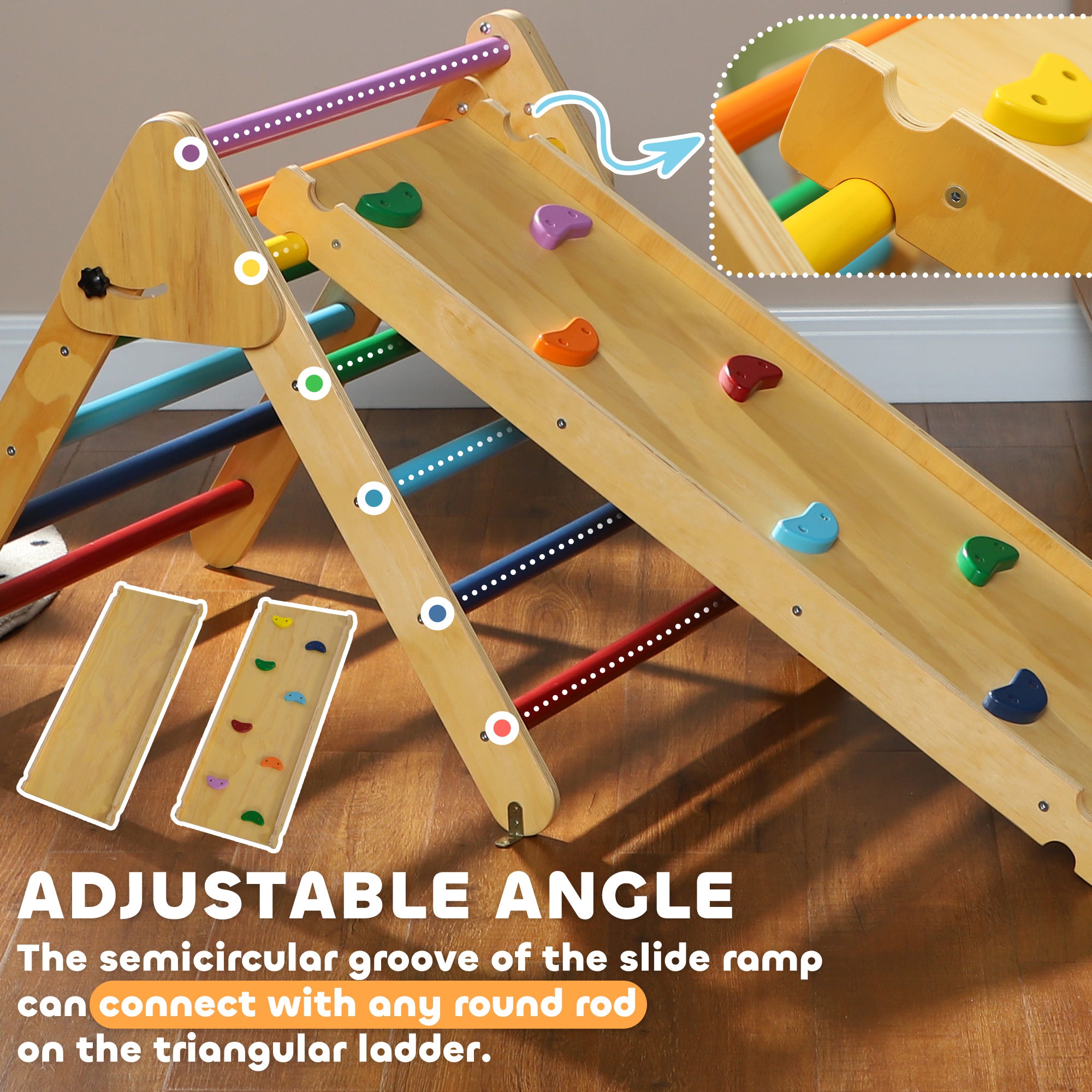 Toddler Climbing Frame for Kids, with Ramp, 3-in-1 Wooden Pikler Triangle Set for 18-48 Months, Multicolour