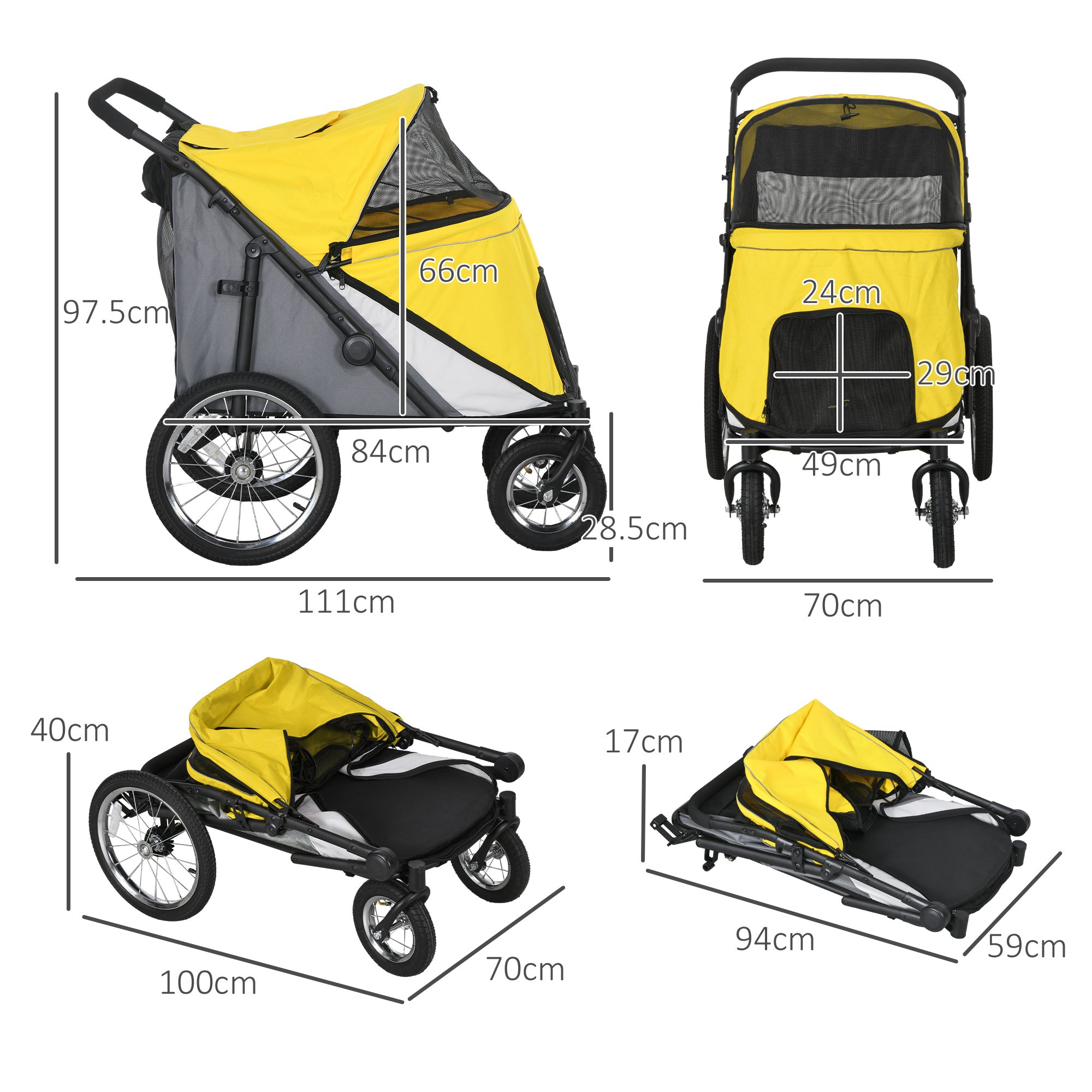 Foldable Pet Stroller, with Washable Cushion, Storage Bags, Safety Leash, for Medium, Large Dogs, Catts, Travel - Yellow