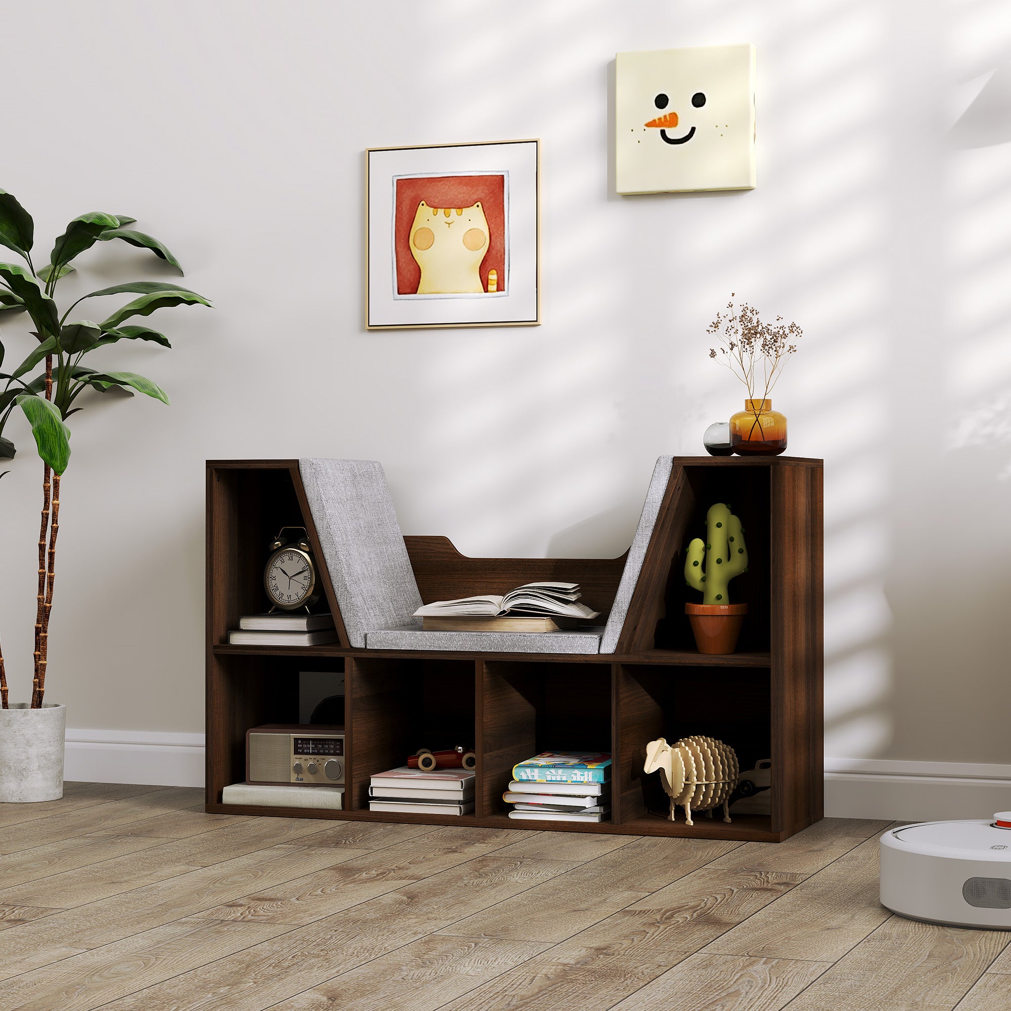 Bookcase Storage Shelf with Cushioned Reading Seat and Cube Organizer - Chestnut