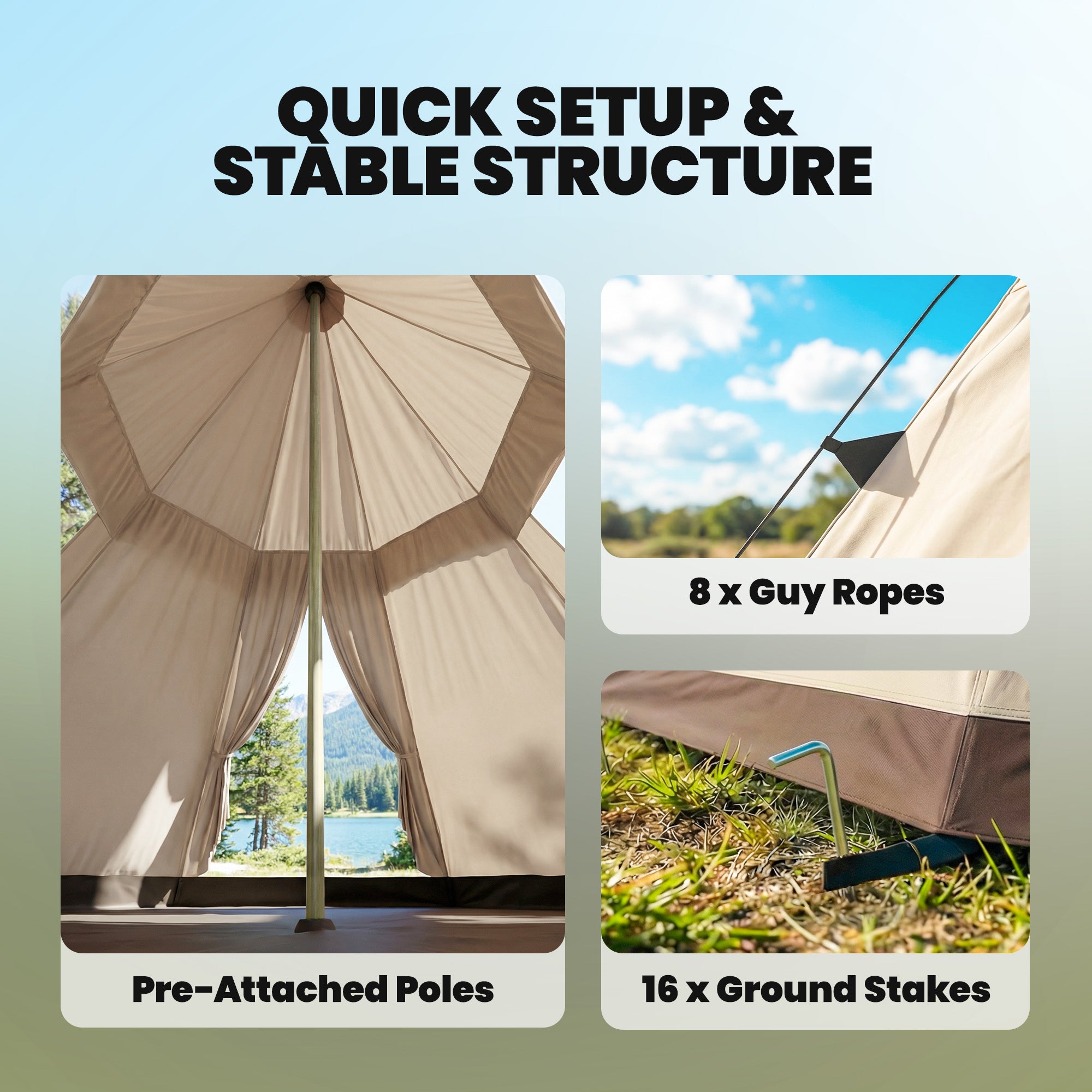 6 Men Tipi Tent with Carry Bag - Khaki