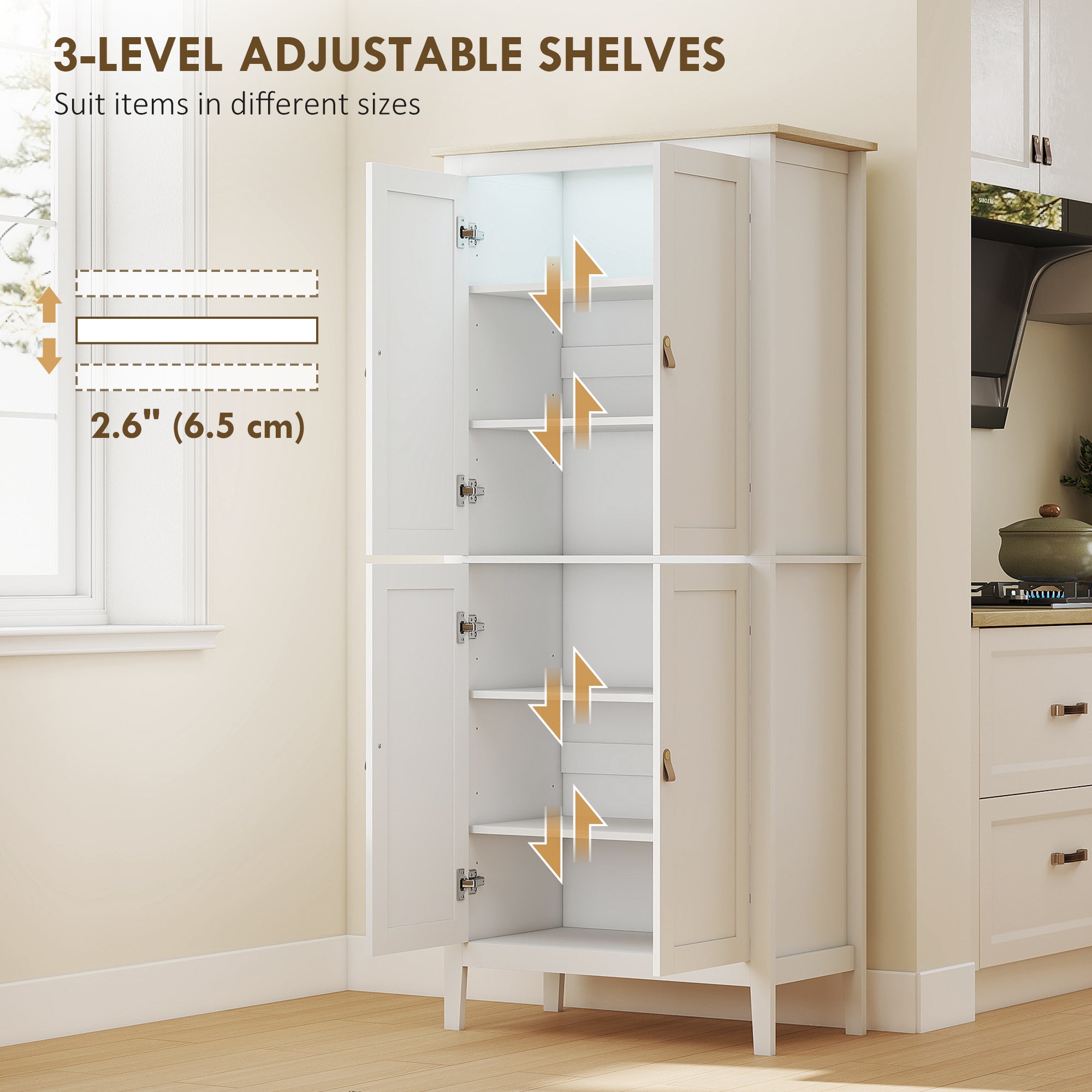 176.5 cm Tall Pantry Cupboard with Motion Sensor LED Light - White