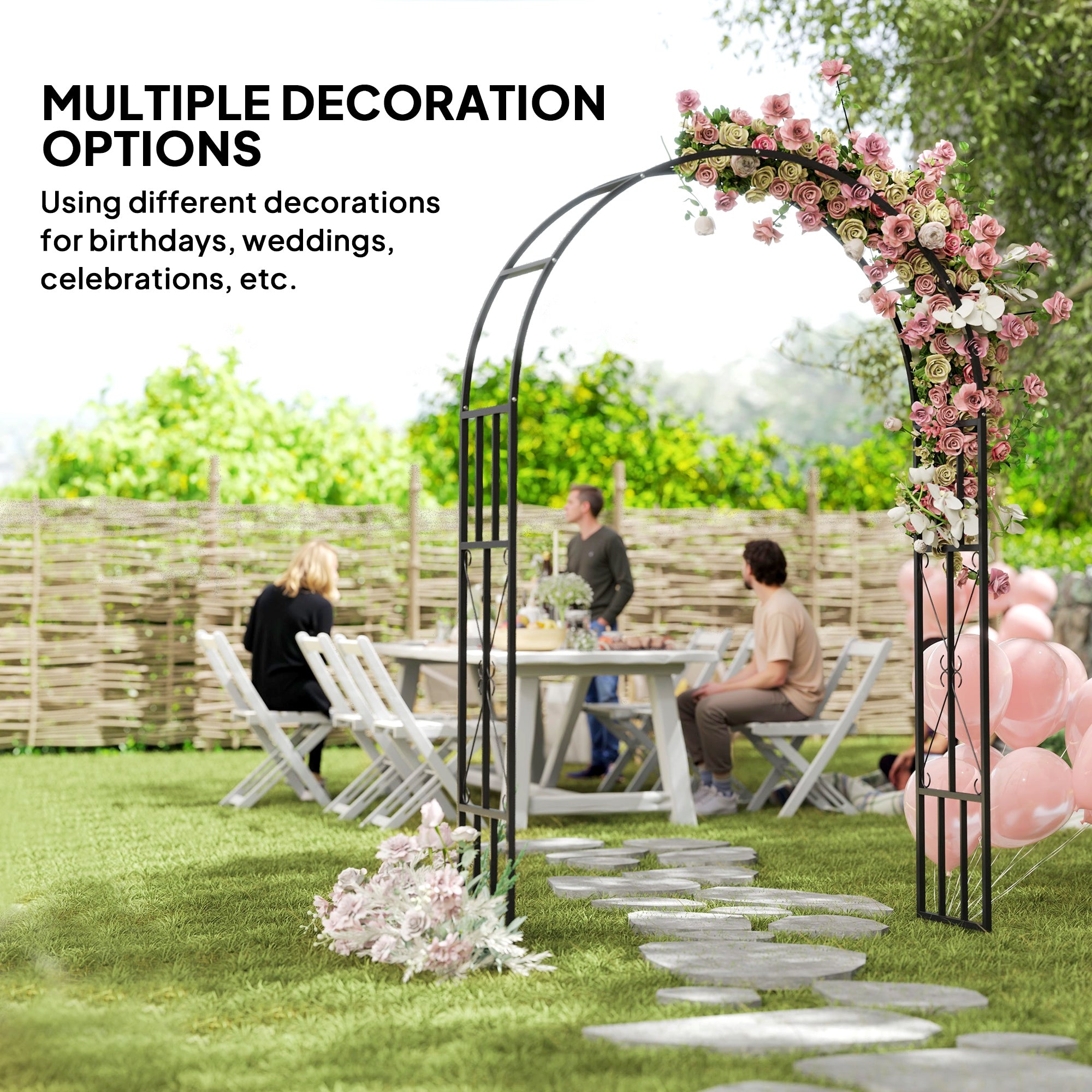 Steel Garden Arch 2.2m x 1.5m Metal Trellis for Climbing Plants and Wedding Decoration - Black