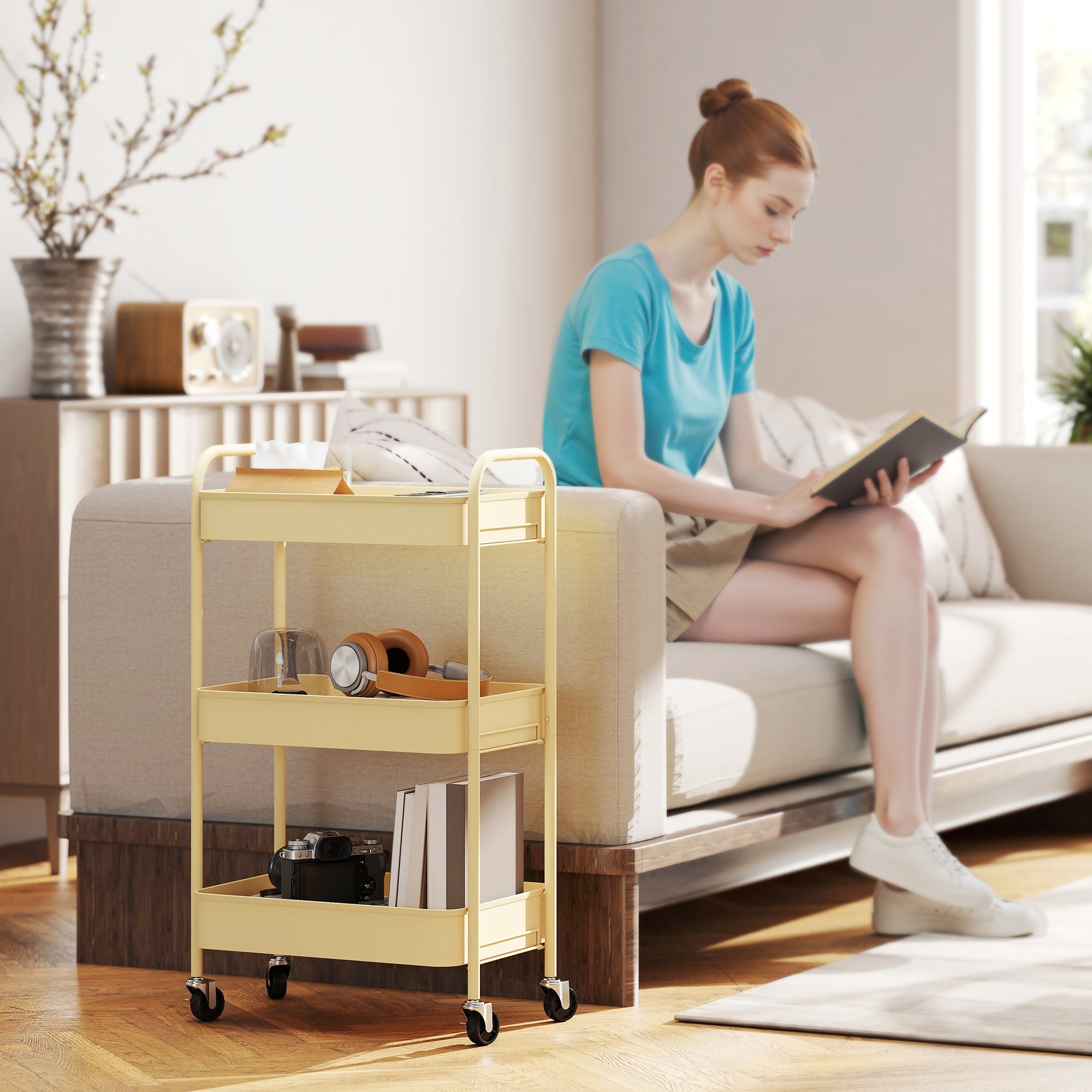 Three-Tier Steel Storage Trolley - Yellow