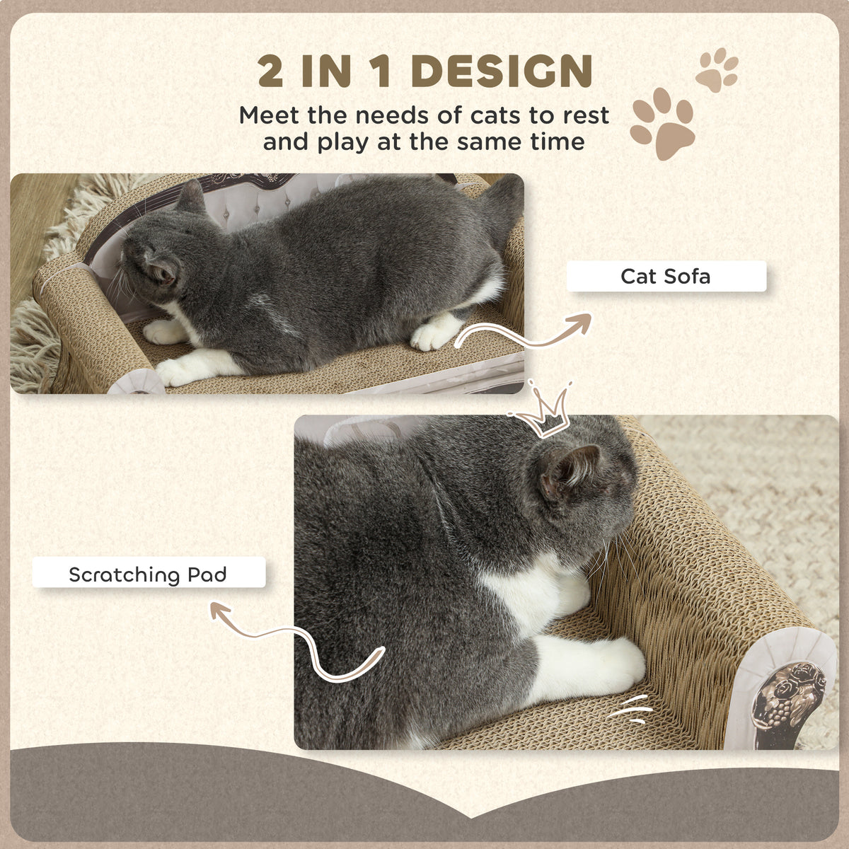 2-in-1 Indoor Cat Scratcher with Organic Catnip 29.5x56x26cm - Brown