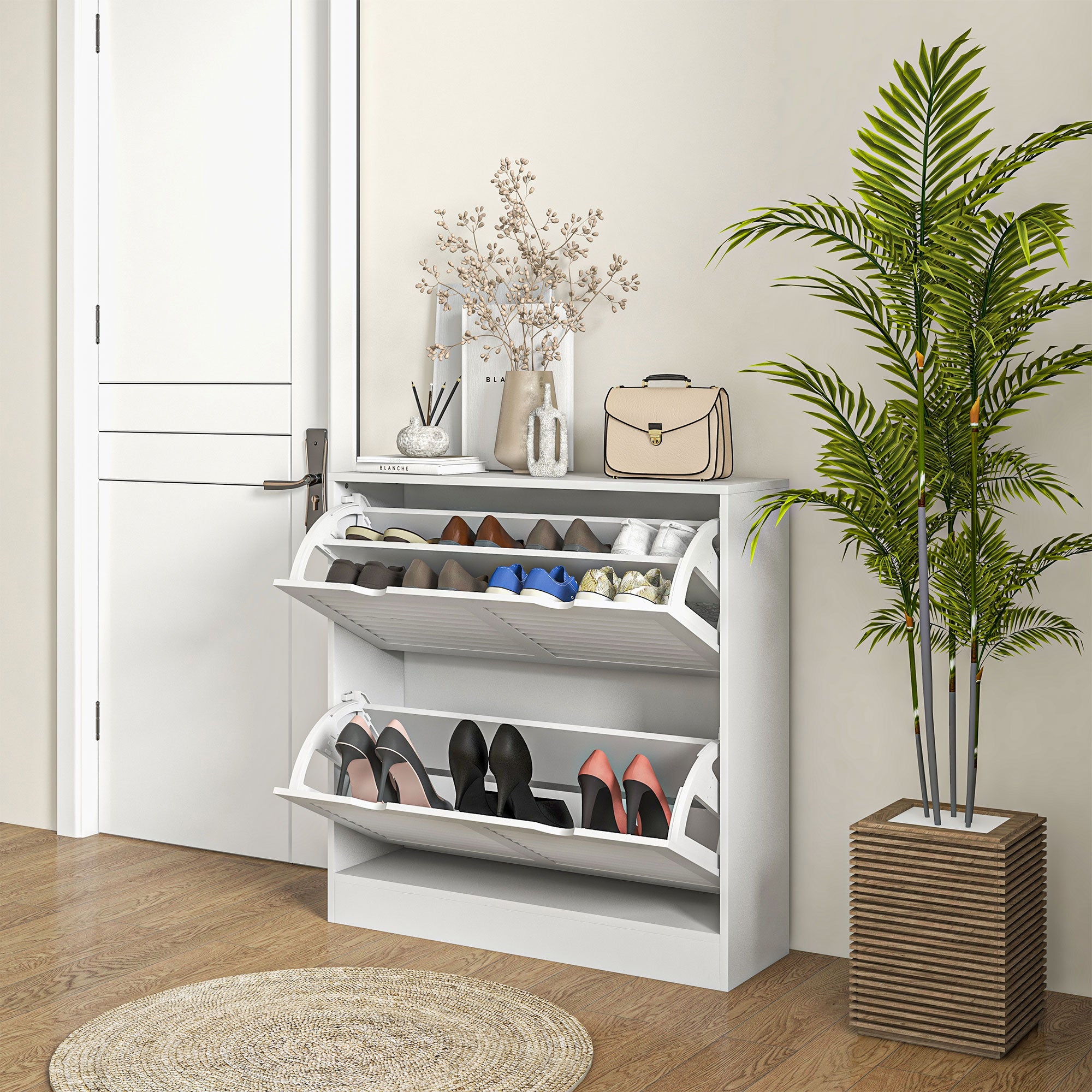 2-Drawer Narrow Entryway Shoe Cabinet with Flip Drawers, Louvered Doors & Adjustable Shelves for 16 Pairs - White