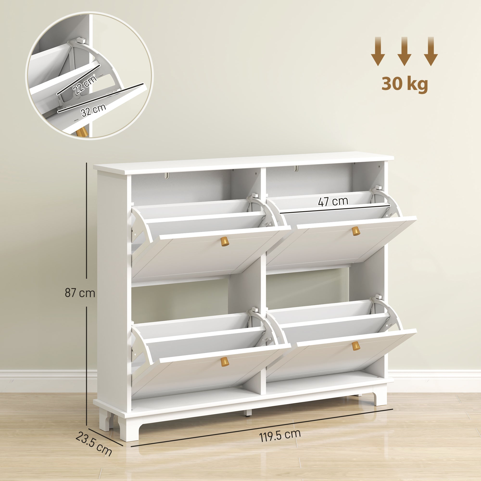 Narrow Shoe Storage Cabinet, Slim Shoe Cabinet with 4 Flip Drawers, Adjustable Shelves for 16 Pairs of Shoes, White
