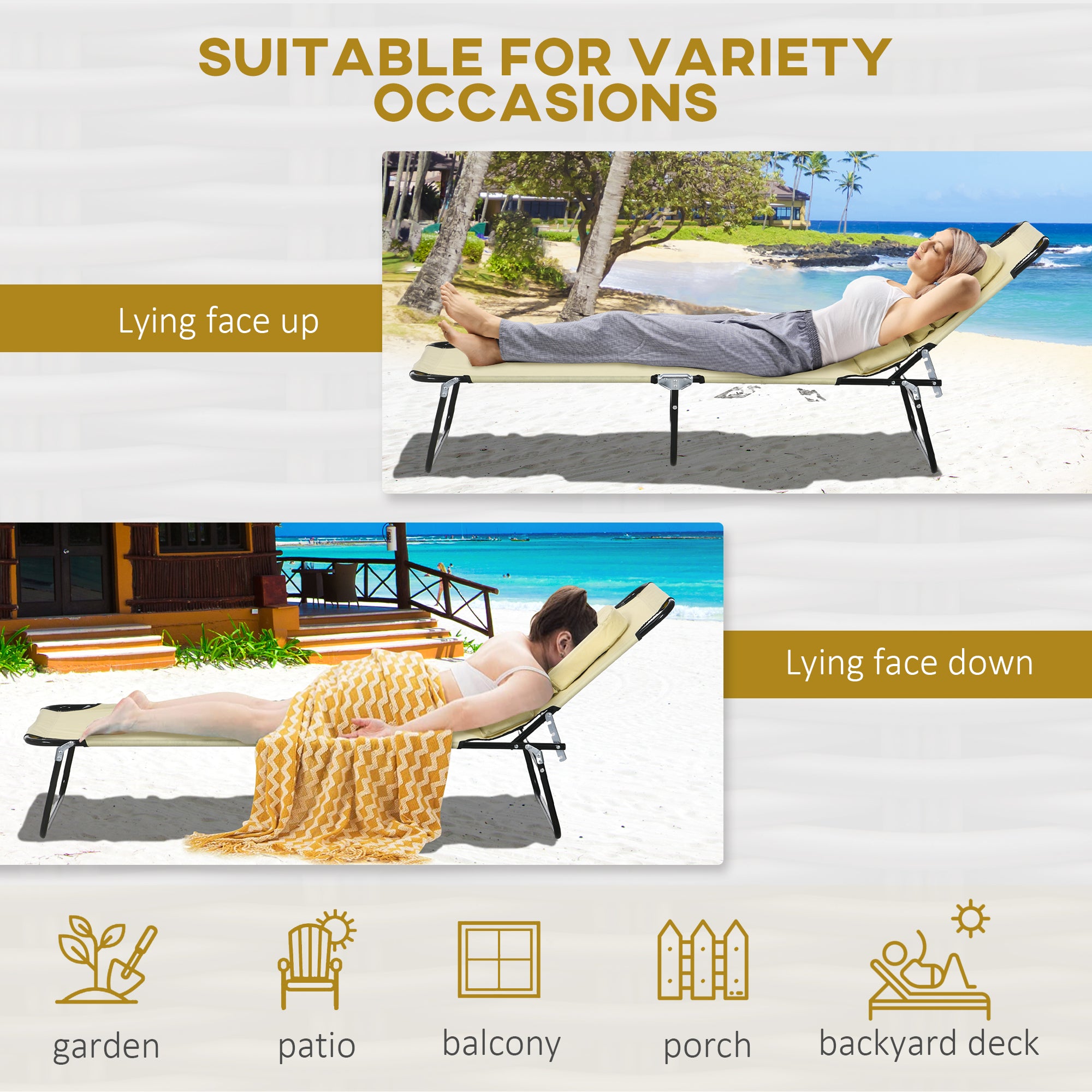 Outdoor Foldable Sun Lounger Set of 2, 4 Level Adjustable Backrest Reclining Sun Lounger Chair with Pillow and Reading Hole, Beige