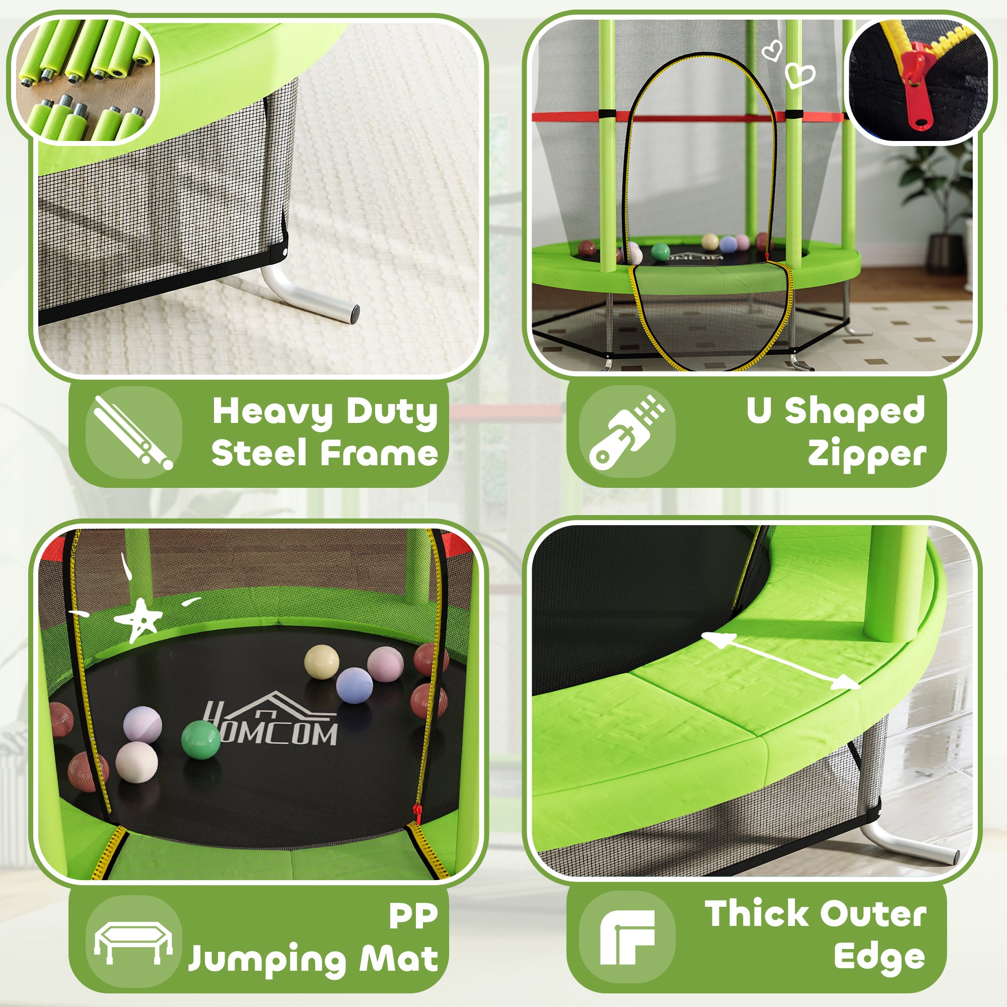 Kids Trampoline, with Enclosure Net, Steel Frame, for Ages 3-6 Years - Green