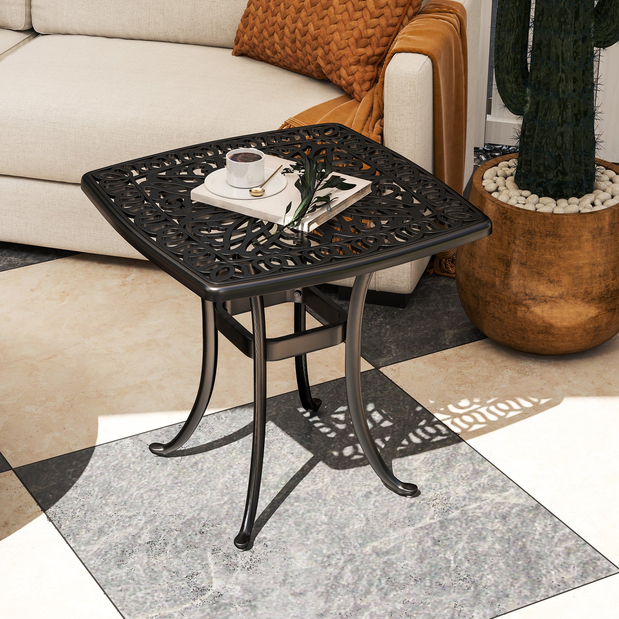 Outdoor Garden Table with 38mm Dia. Umbrella Hole, Cast Aluminium Patio End Table with Anti-slip Foot Pads for Garden, Patio, Balcony, 54 x 54cm, Black