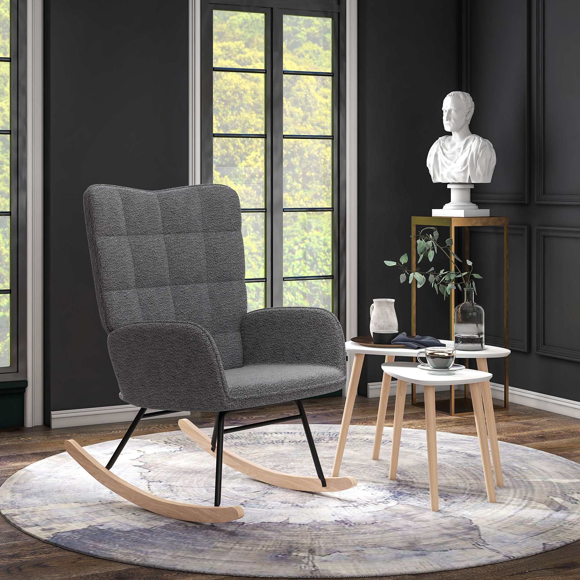 Living Room Furniture Set, Wingback Rocking Chair and Two Nesting Coffee Tables, White and Dark Grey
