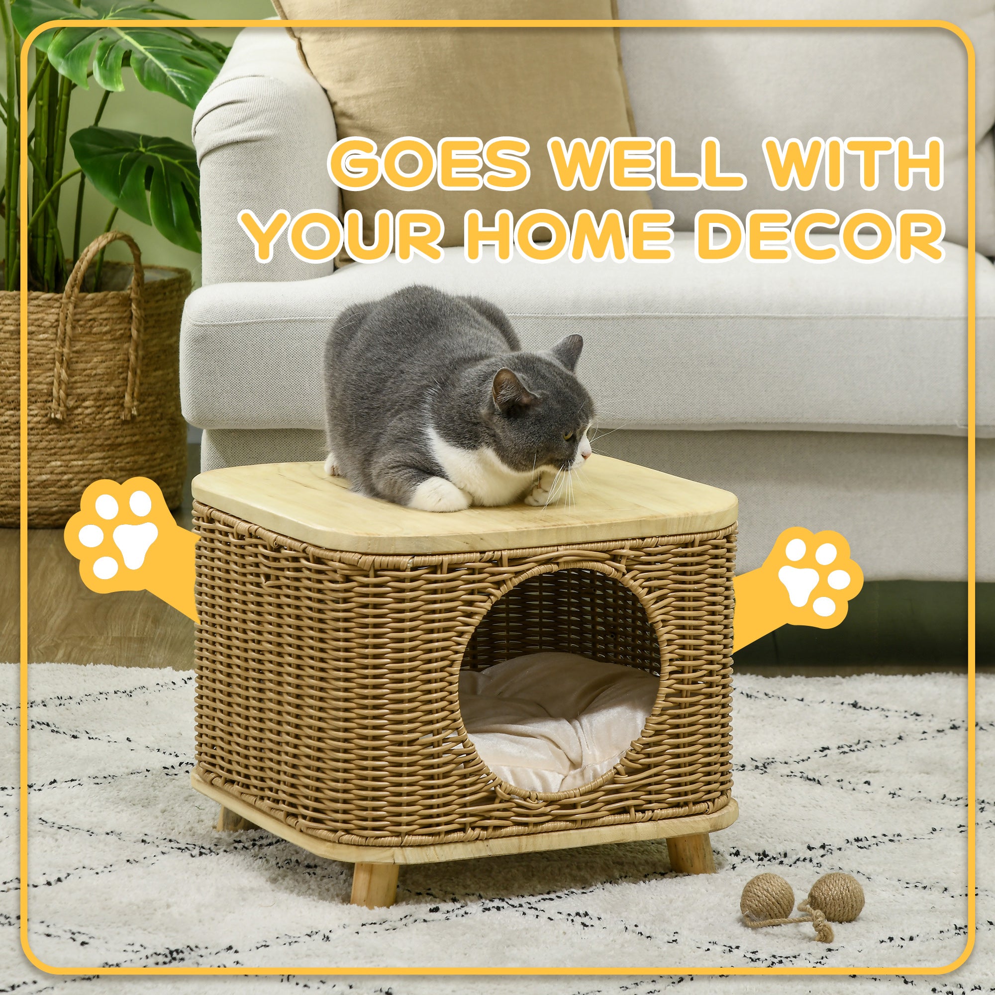Elevated Design Wicker Cat House with Washable Cushion, Light Brown