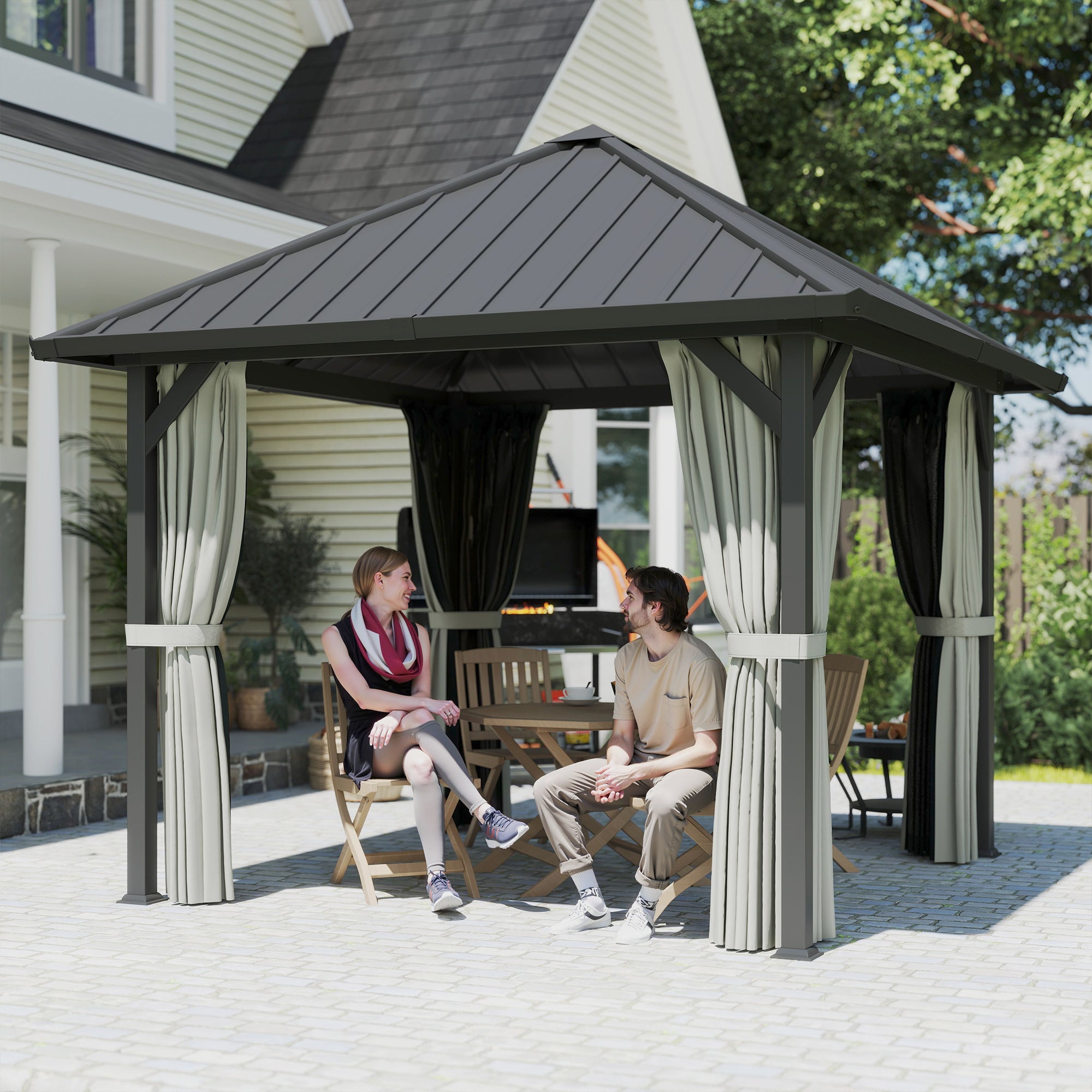 3 x 3(m) Hardtop Gazebo with Galvanised Steel Roof and Water Gutter, Waterproof Permanent Pavilion Garden Gazebo with Netting and Curtains for Patio, Deck, Black