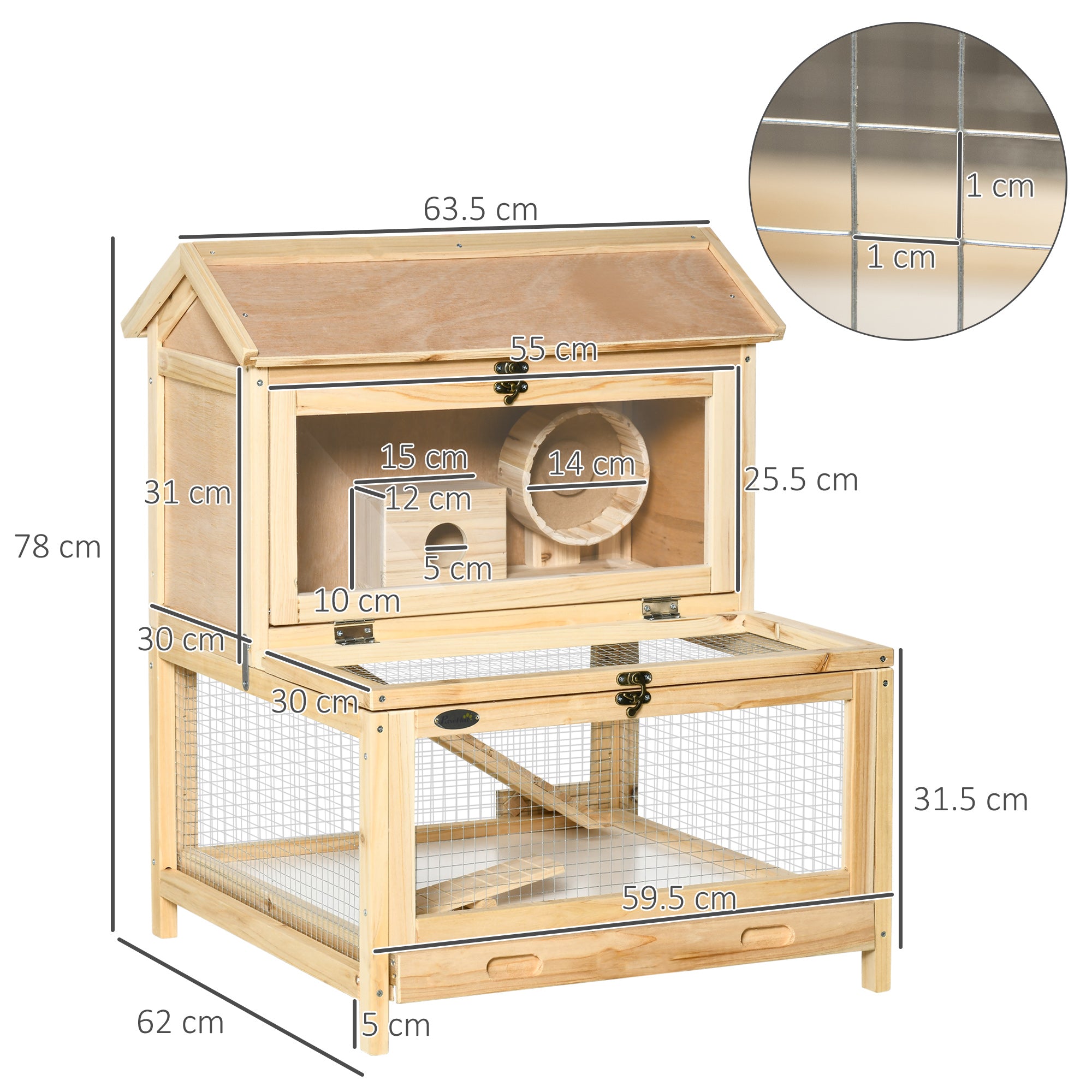 Wooden Hamster Cage with Pull-Out Tray, Two Tier Small Animal Hutch with Openable Top, Ladder, Seesaw, Running Wheel, - Natural