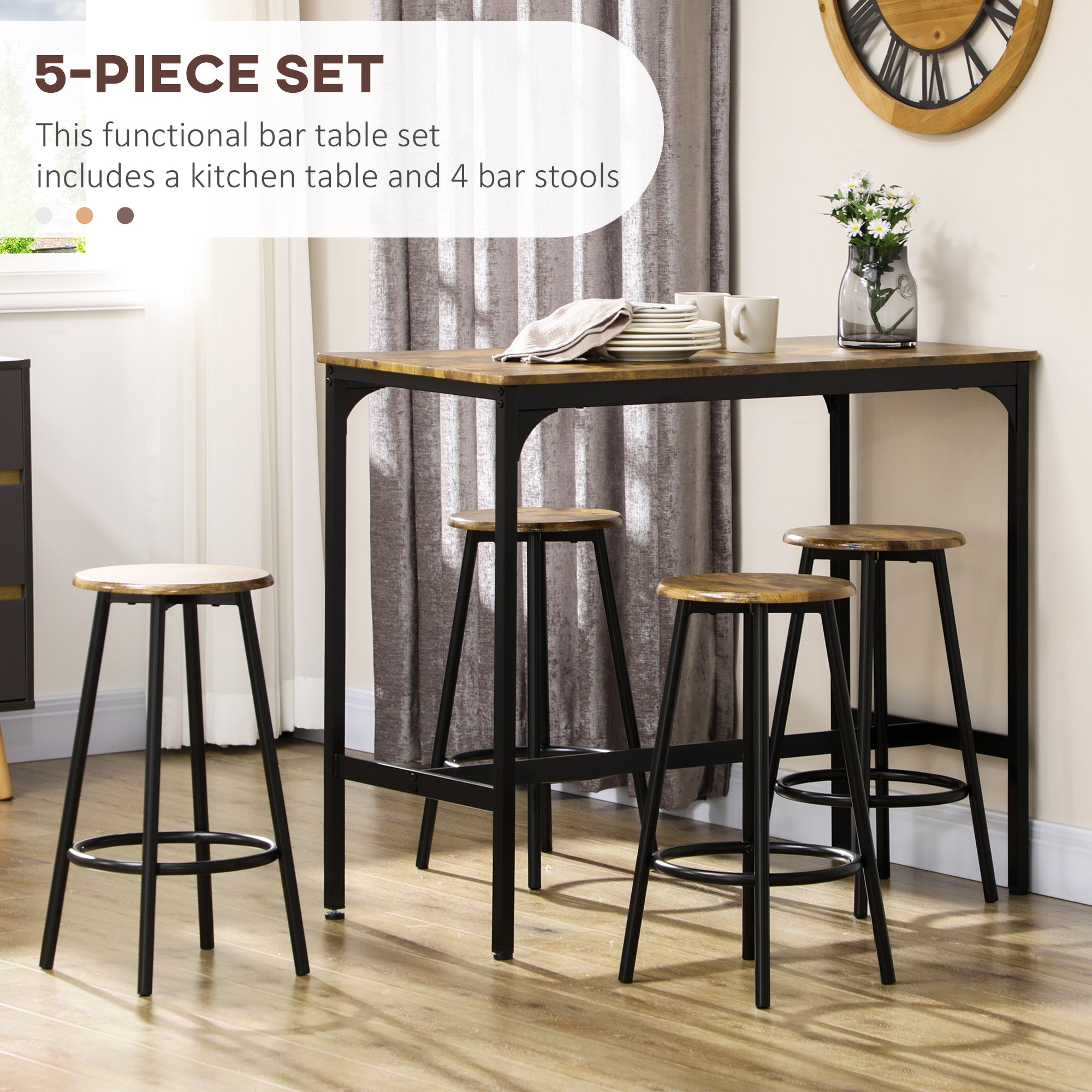 Five-Piece Industrial-Style Bar Table Set - Brown/Black