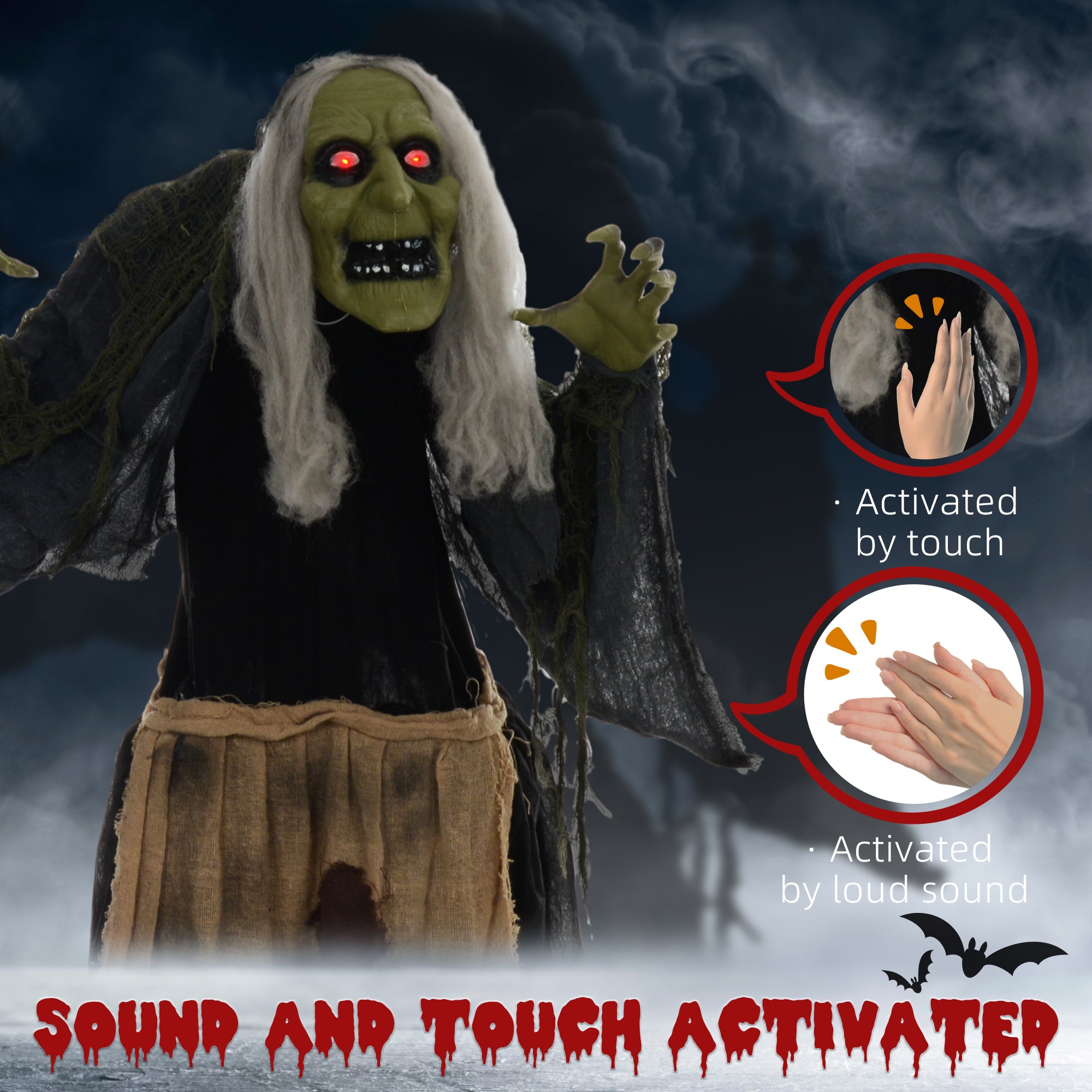 5'2" Hunchback Witch Halloween Animatronic, with Glowing Eyes