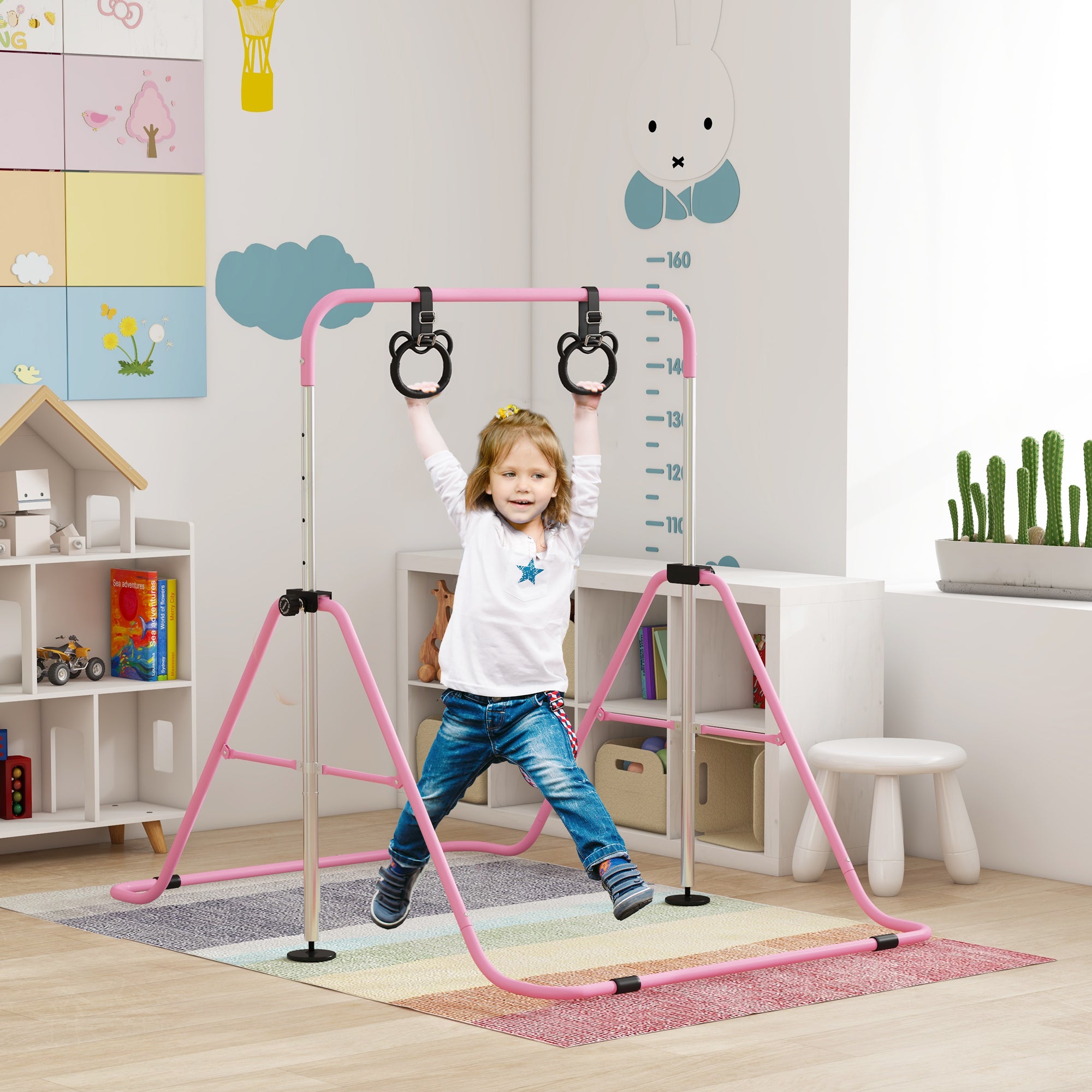 Adjustable Height, Foldable Kids Gymnastics Bar w/ Non-Slip Mats, for 3+ Years, Pink