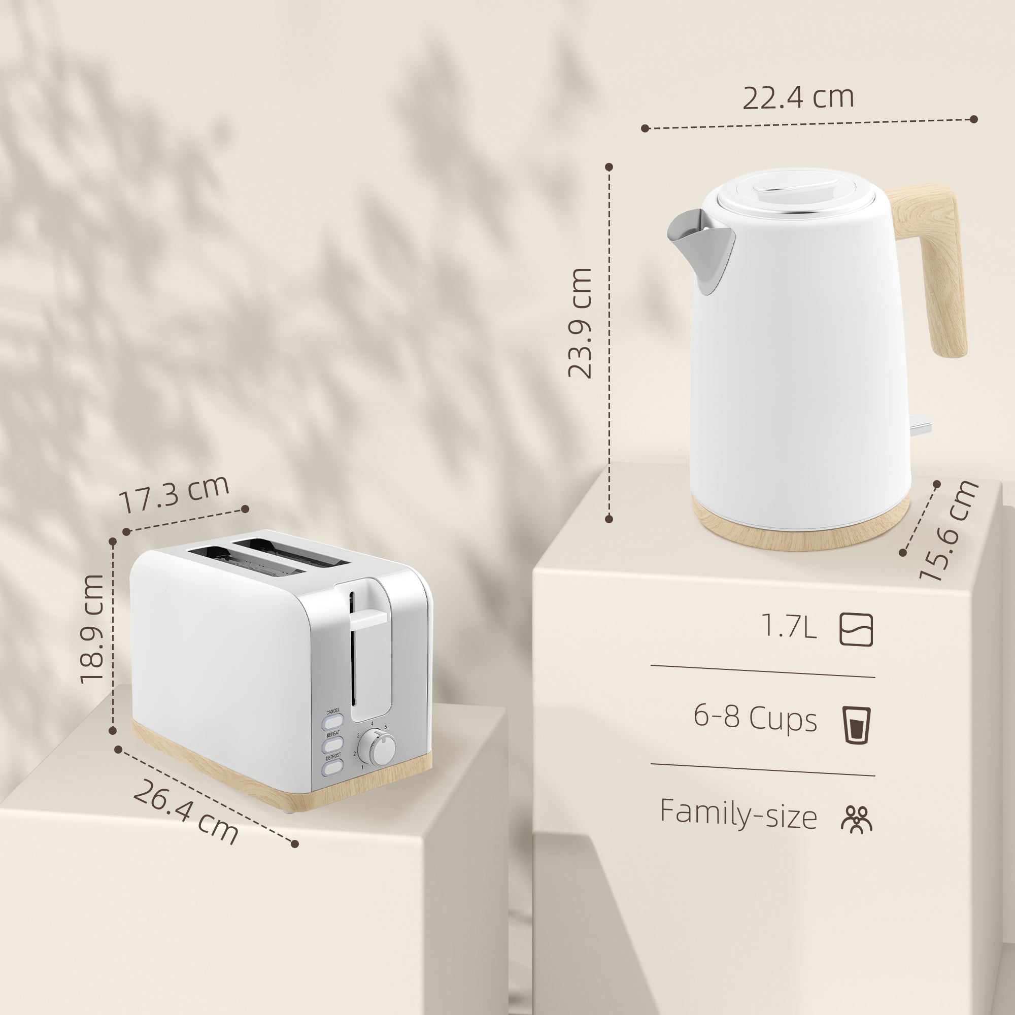 Kettle and Toaster Set, 1.7L 3000W Fast Boil Kettle & 2 Slice Toaster Kitchen Set with 7 Level Browning Controls, Defrost, Reheat, Auto Off, Boil-dry Protection, White