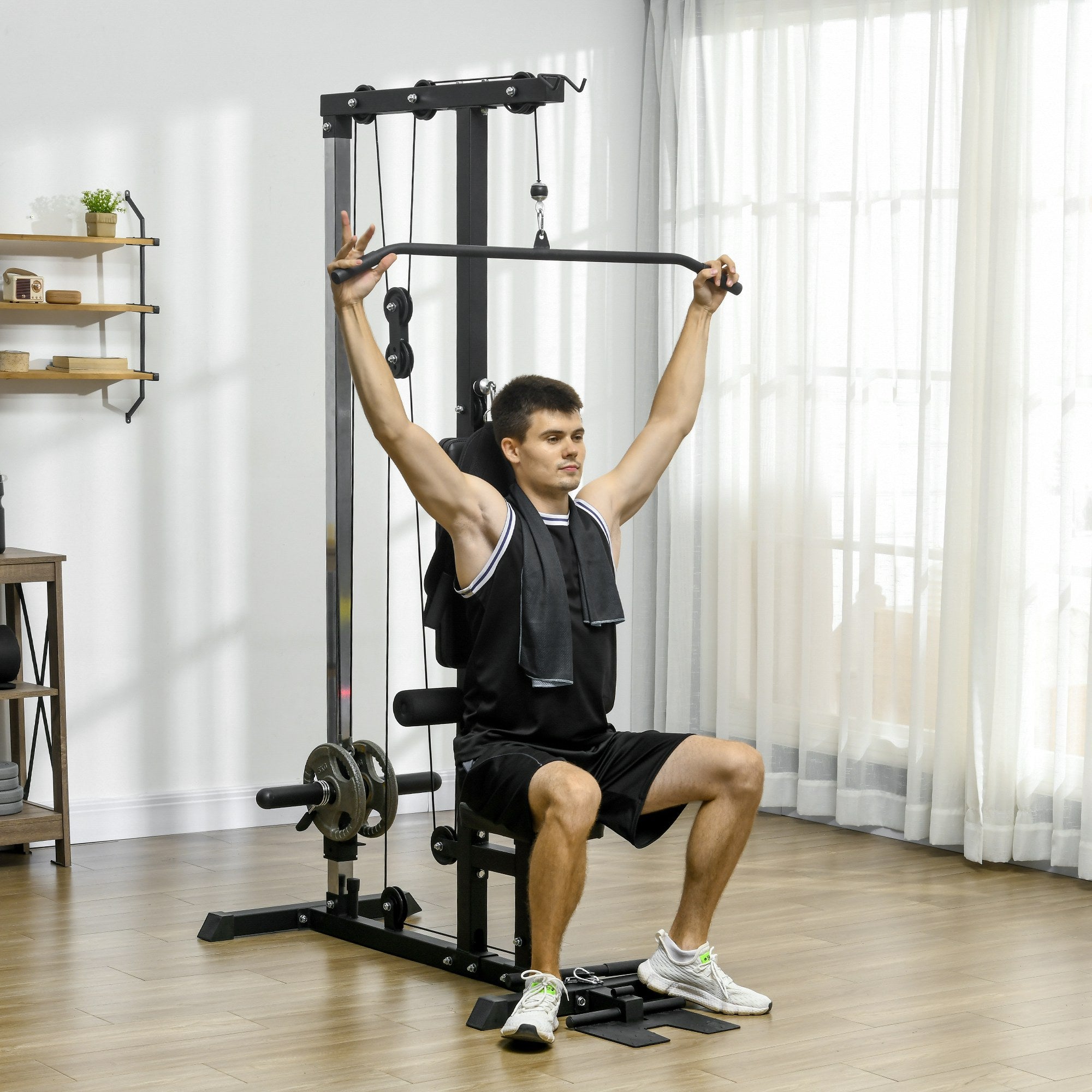 Pull Up Station, Power Cage with Adjustable Seat, for Home Gym - Black