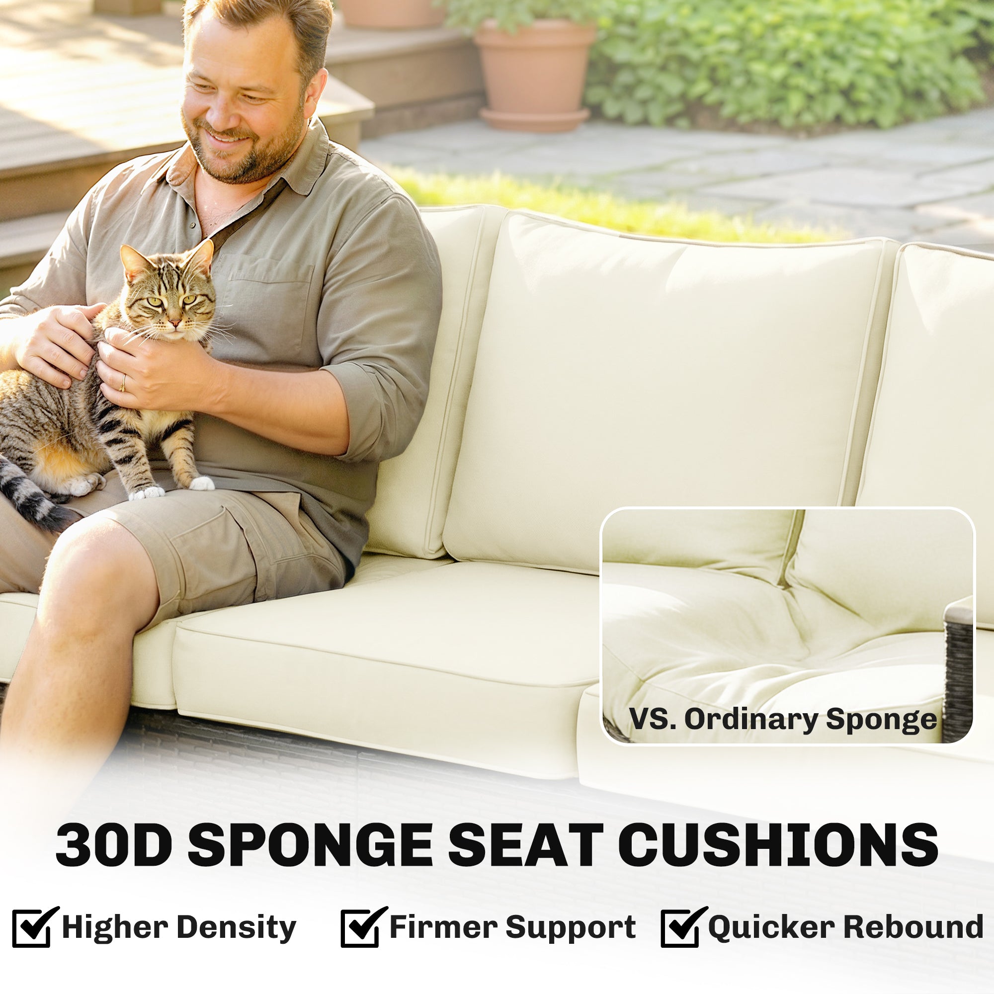 3 Seater Rattan Garden Sofa, PE Wicker Outdoor Sofa Wide Deep Seat, 4" Cushions, Wood-Effect Armrests Legs, Brown