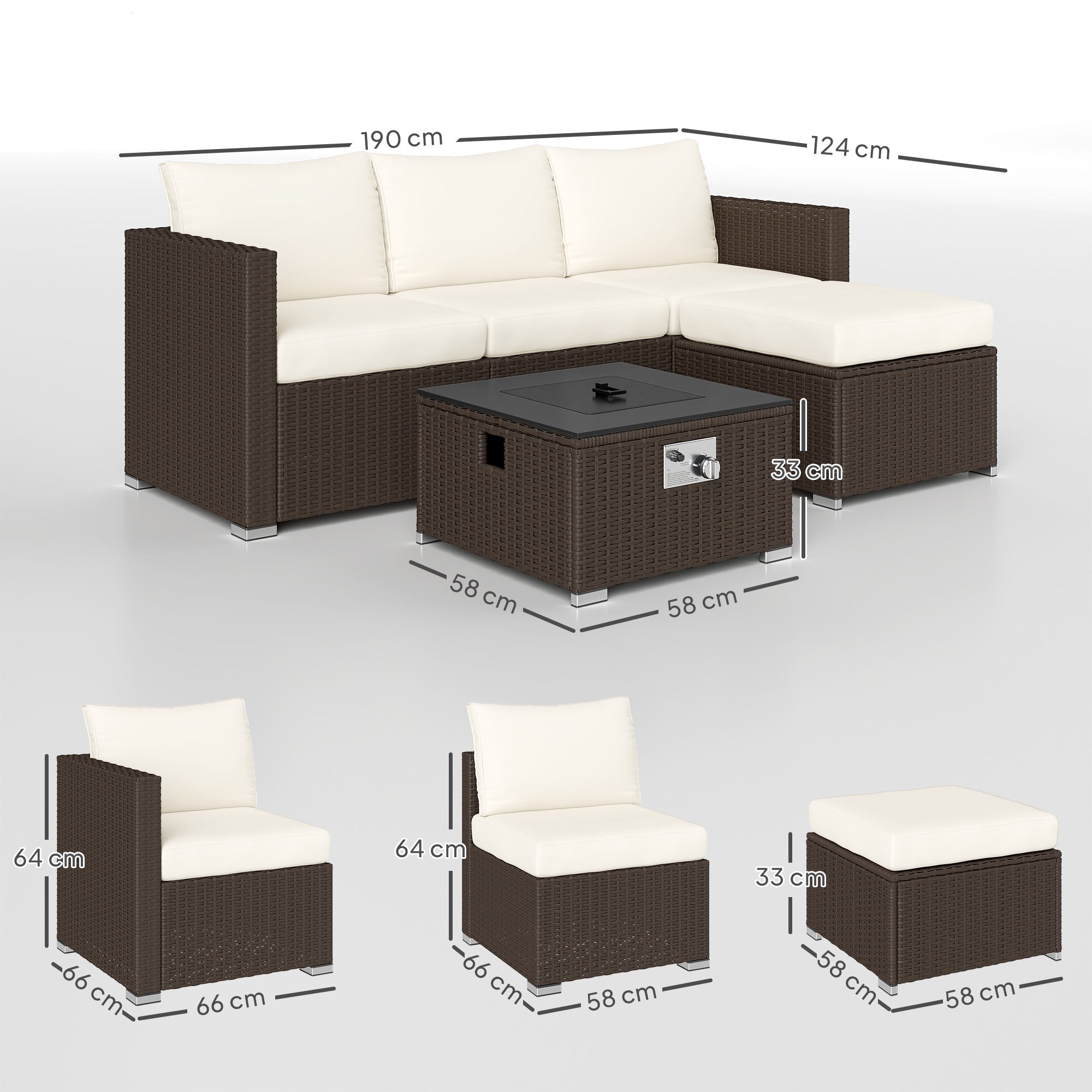 Five Piece Rattan Garden Furniture Set with Gas Fire Pit Table and Footstool - Brown and Cream White