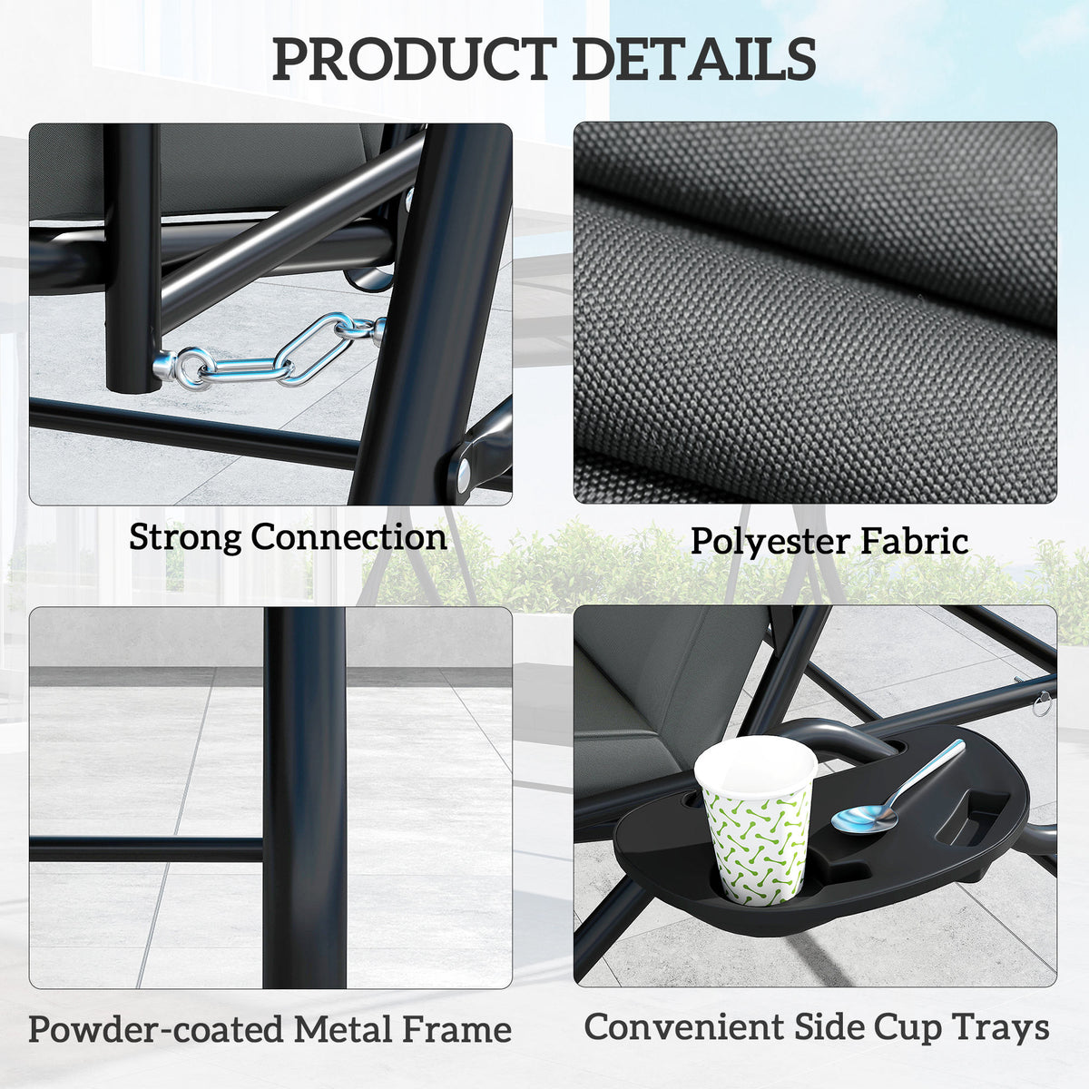 Convertible Three-Seater Swing Bench with Adjustable Canopy and Cup Trays - Dark Grey
