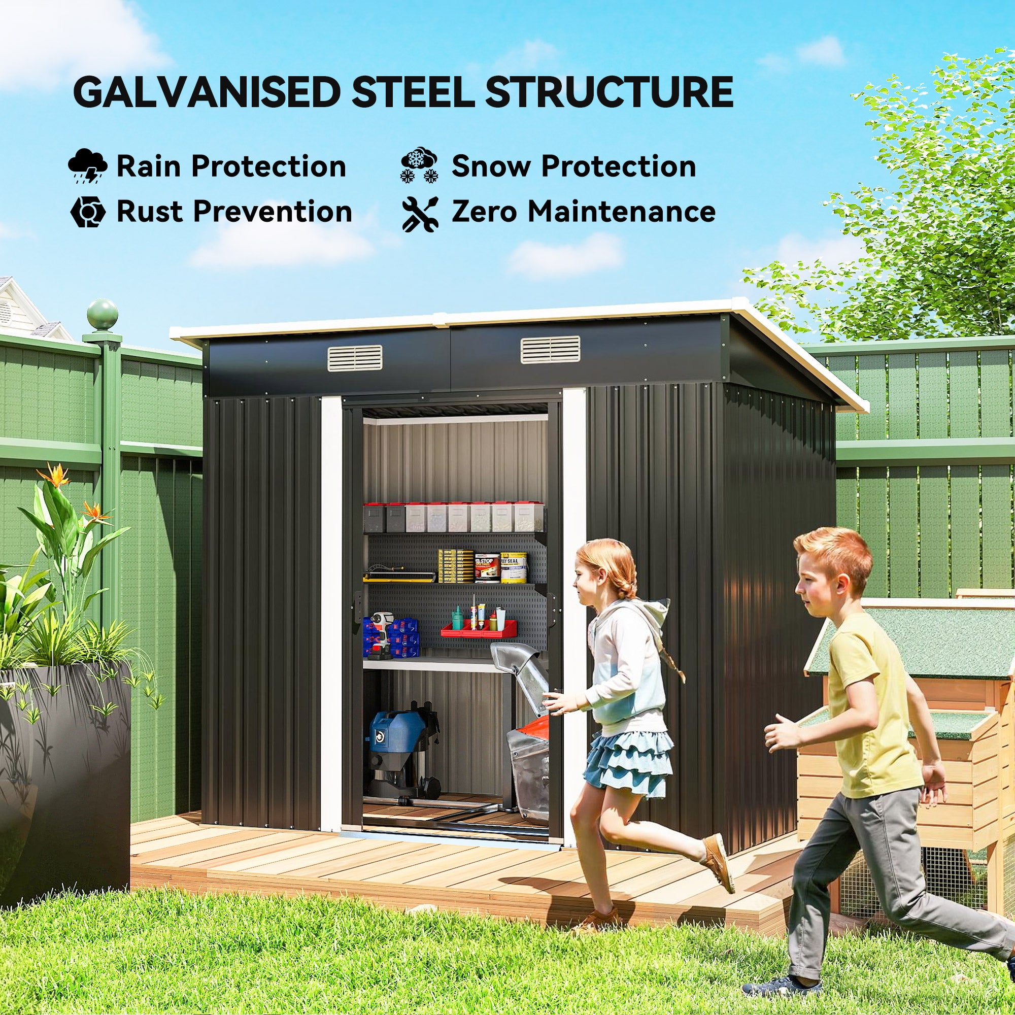 7 x 4ft Outdoor Storage Shed with Foundation Kit, Lean to Metal Garden Shed for Log, Rubbish Bin, Tool, Bike, Black