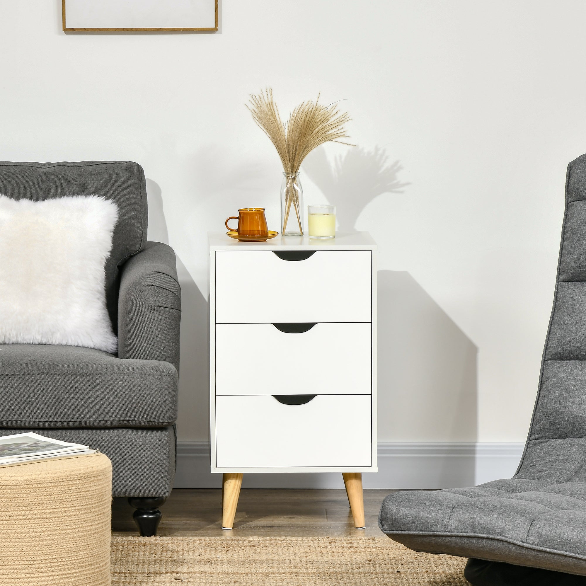 Set of 2 Bedside Tables, Modern Nightstand Side End Table with 3 Storage Drawers and Solid Pine Wood Legs for Bedroom Living Room Entryway, White