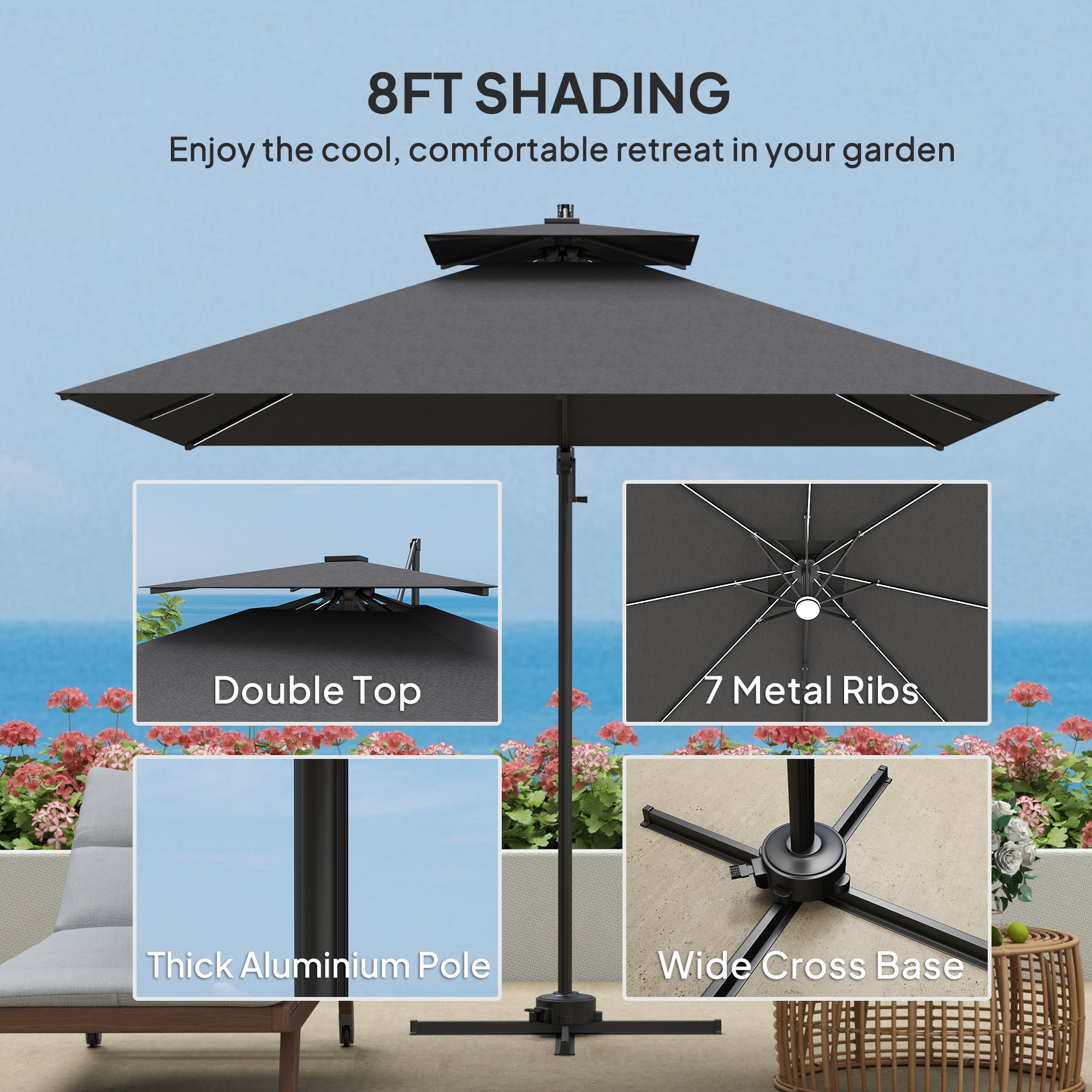 2.5m Cantilever Parasol with Solar LED Lights and 360 Degree Rotation - Dark Grey