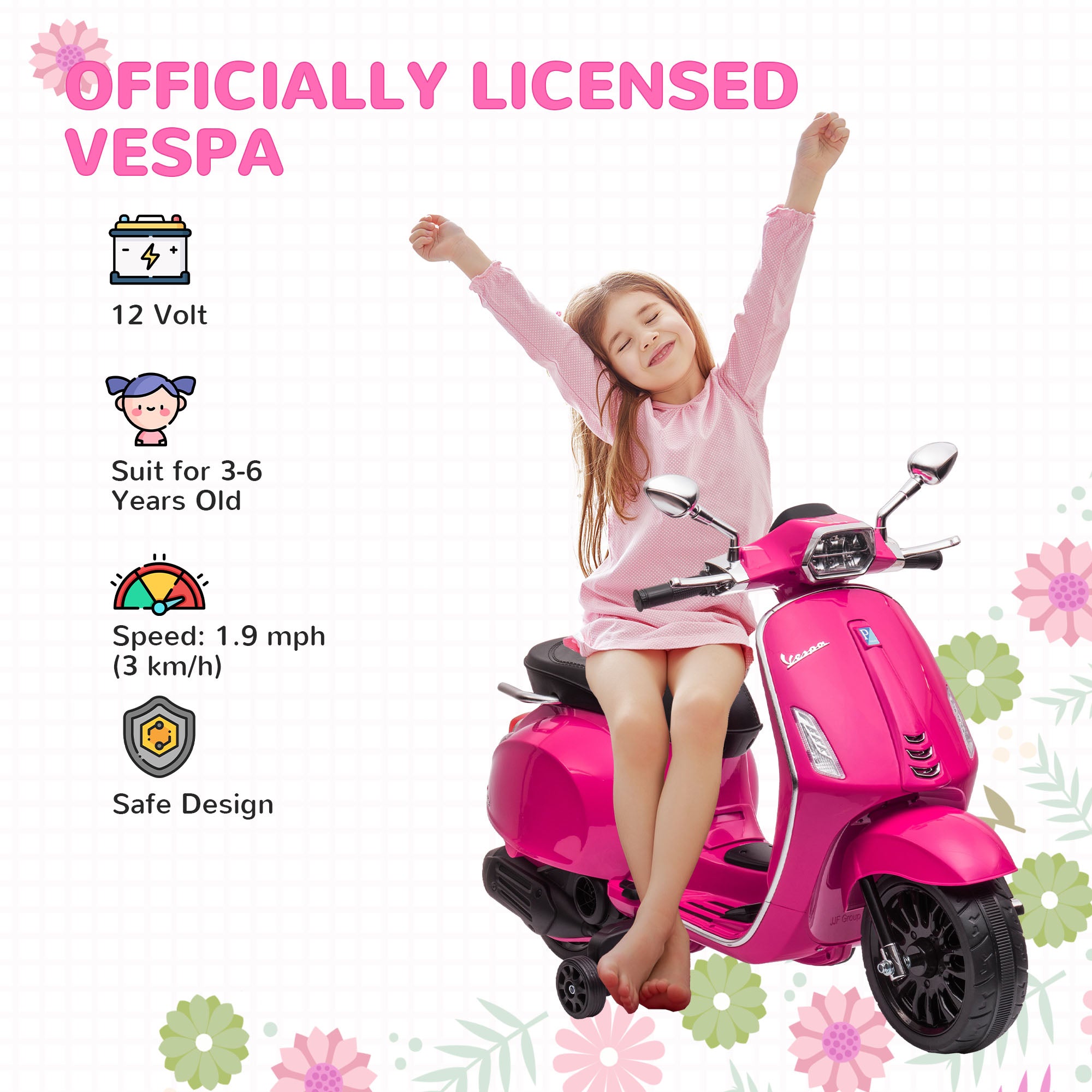 12V Vespa Licensed Kids Electric Motorbike w/ Music, Headlights, FM Radio, for 3-6 Years - Pink