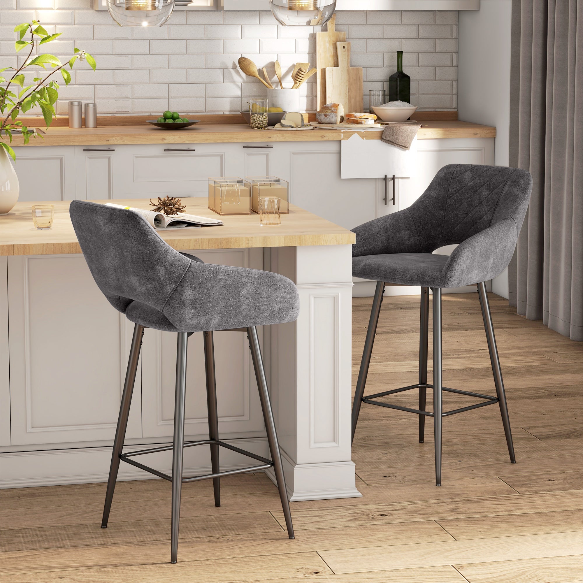 Set of Two Velvet-Feel Bar Stools - Grey