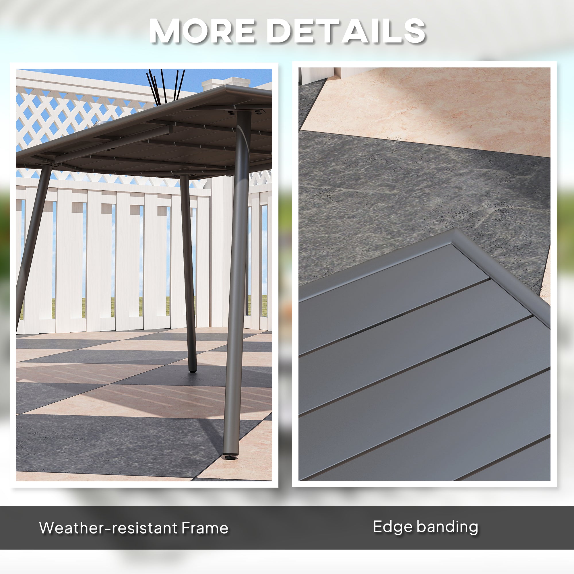 Rectangle Garden Table with Slat Top, Steel Frame, Outdoor Table for 6 Person, 150 x 80 x 74 cm, Grey