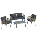 4 Piece Rattan Garden Furniture Set with Loveseat, Armchairs, Wood Table, Wicker Patio Conversation Set, Grey