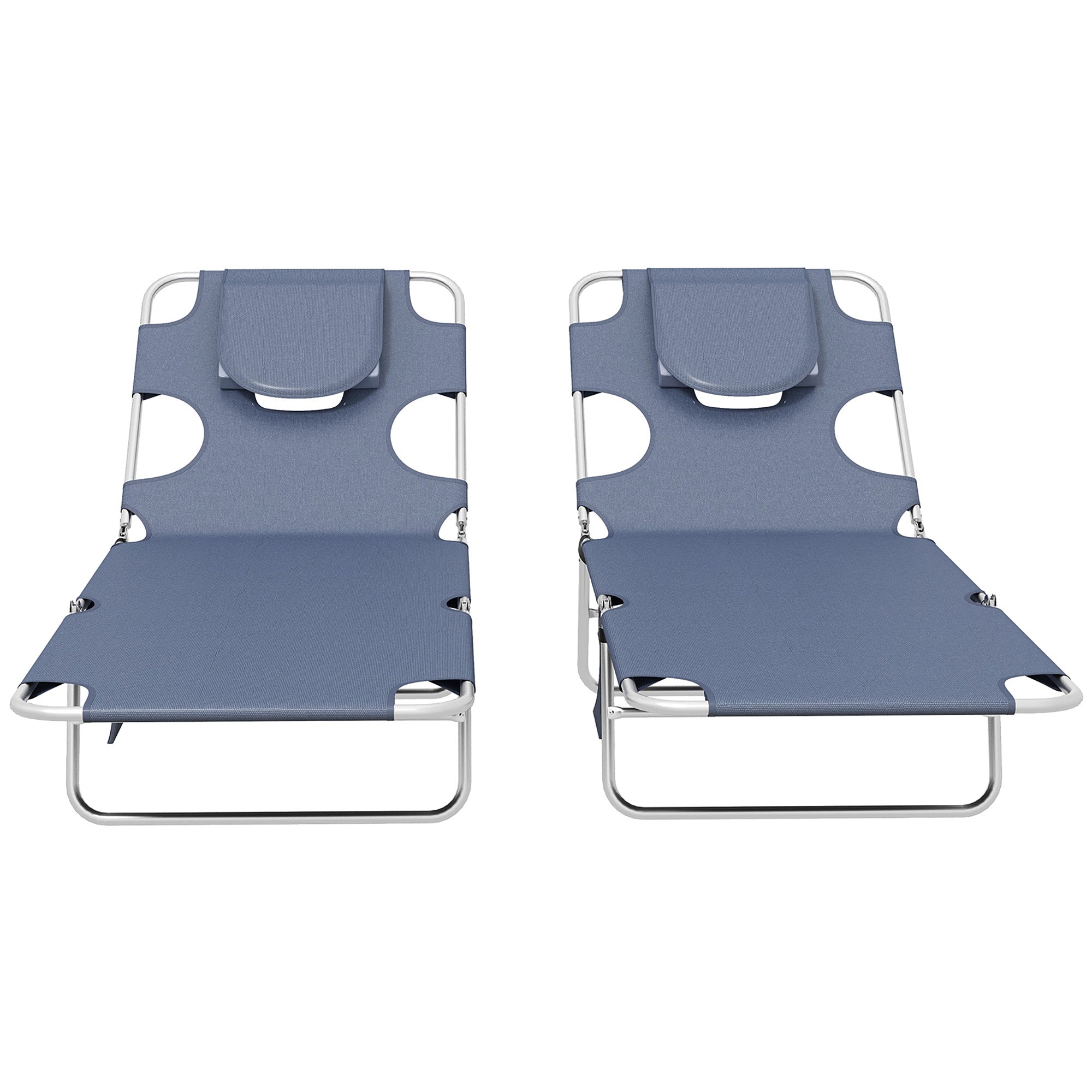 Foldable Sun Lounger Set of 2 with Reading Hole, Portable Sun Lounger with 5 Level Adjustable Backrest, Reclining Lounge Chair with Side Pocket, Headrest Pillow, Grey