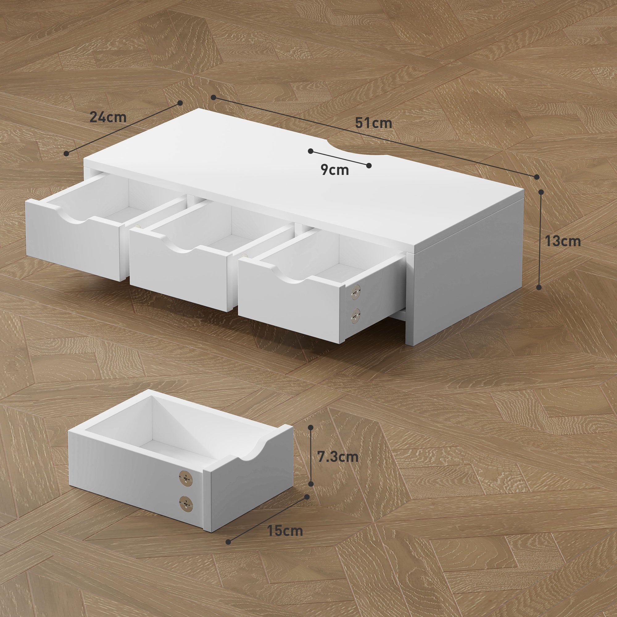 Monitor Stand Riser with 3 Drawers for Laptop, PC, Small Printer 51x24x13cm - White