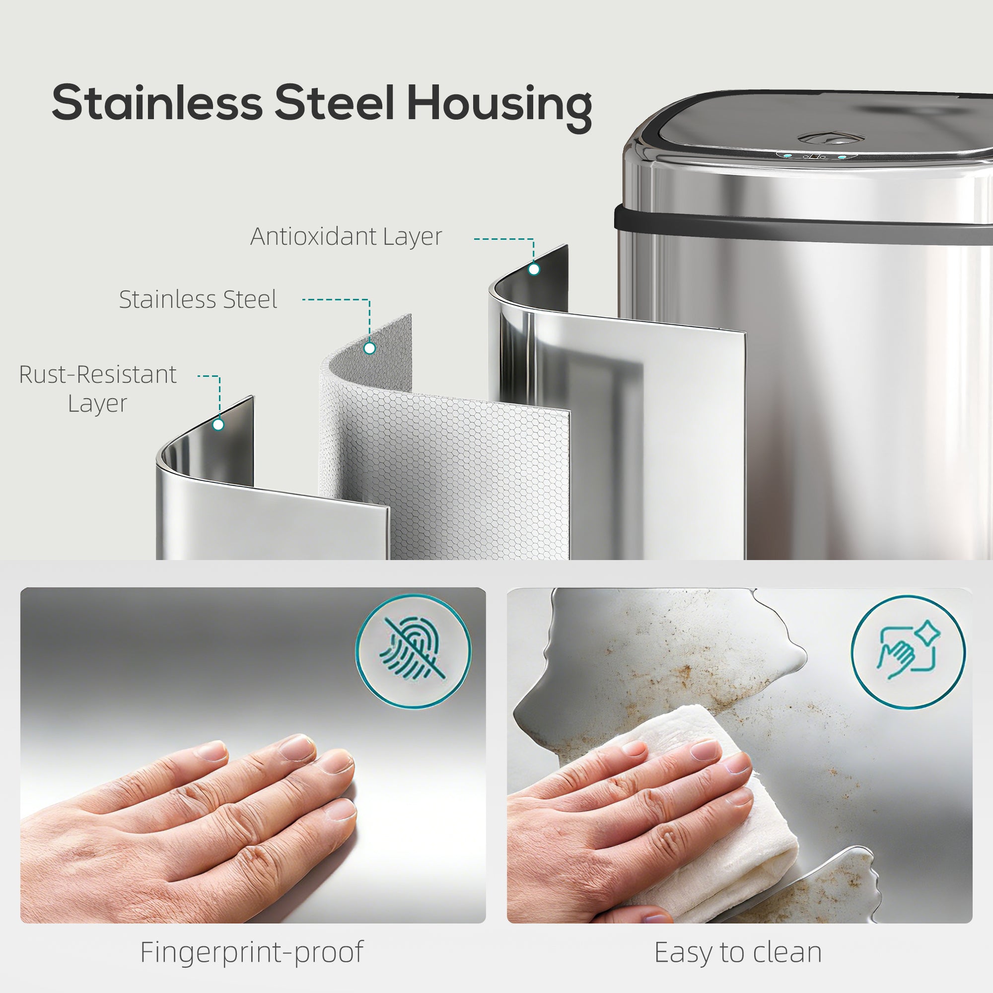 50L Stainless Steel Sensor Bin - Silver Tone
