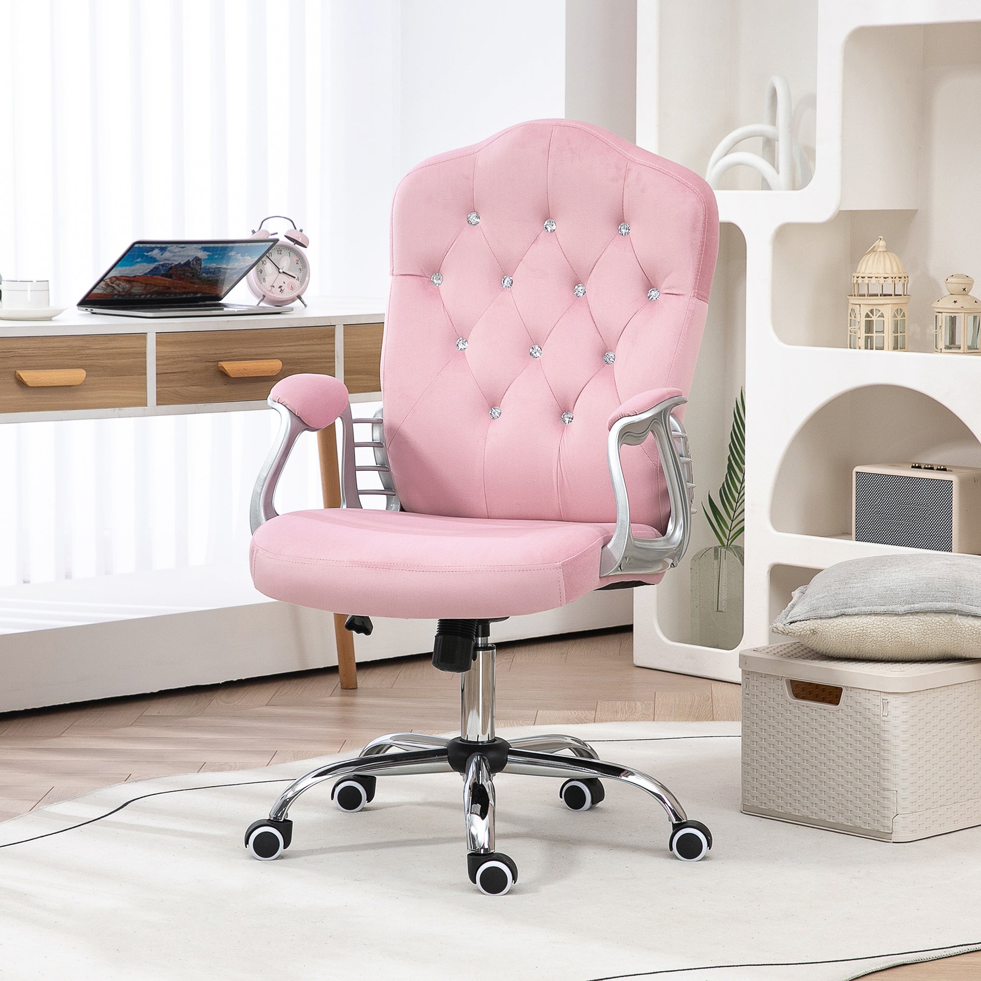 Velvet-Feel Work Chair, with Diamante Back - Pink