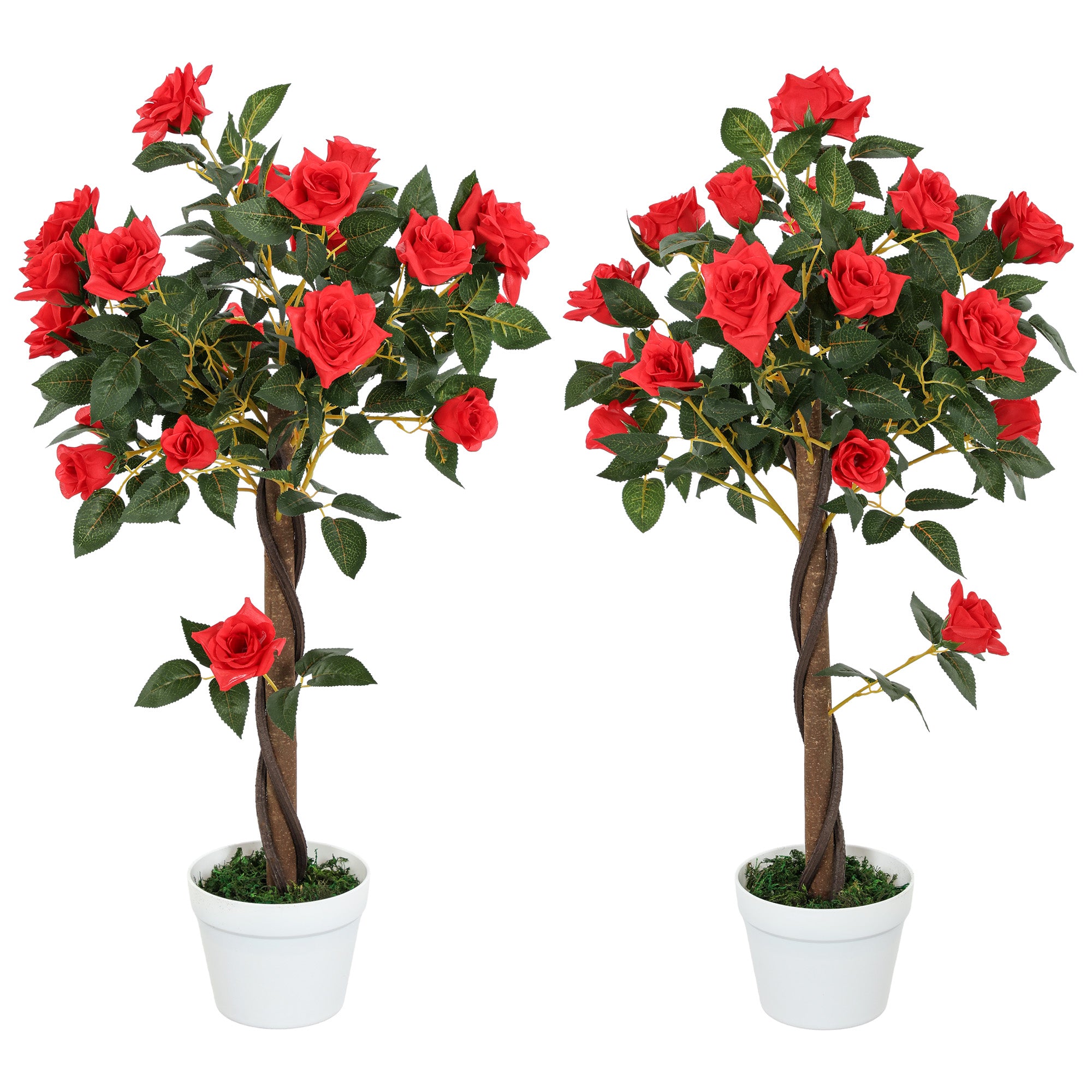 Set of 2 Artificial Plants White Rose Floral in Pot, Fake Plants for Home Indoor Outdoor Decor, 90cm, Red