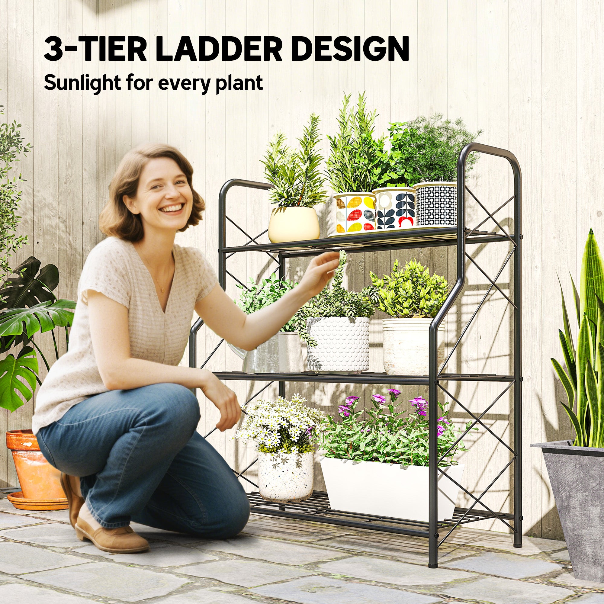 3-Tier Metal Plant Stand, Heavy Duty Ladder Shelf Potted Plants Display Rack, Indoor Outdoor Flower Pot Holder