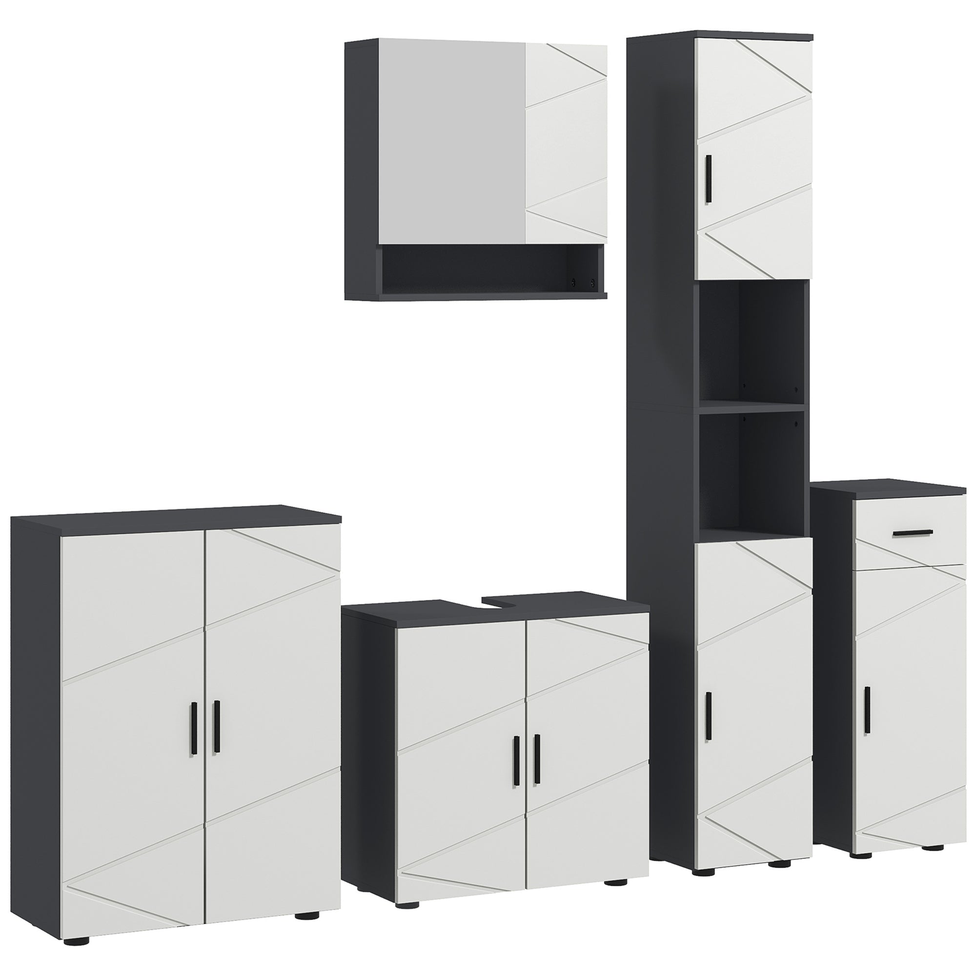 5-Piece Bathroom Furniture Set, Bathroom Storage Cabinet with Doors and Shelves, Tall and Small Floor Cabinets, Wall-mounted Mirror Cabinet, Under Sink Cabinet, Grey