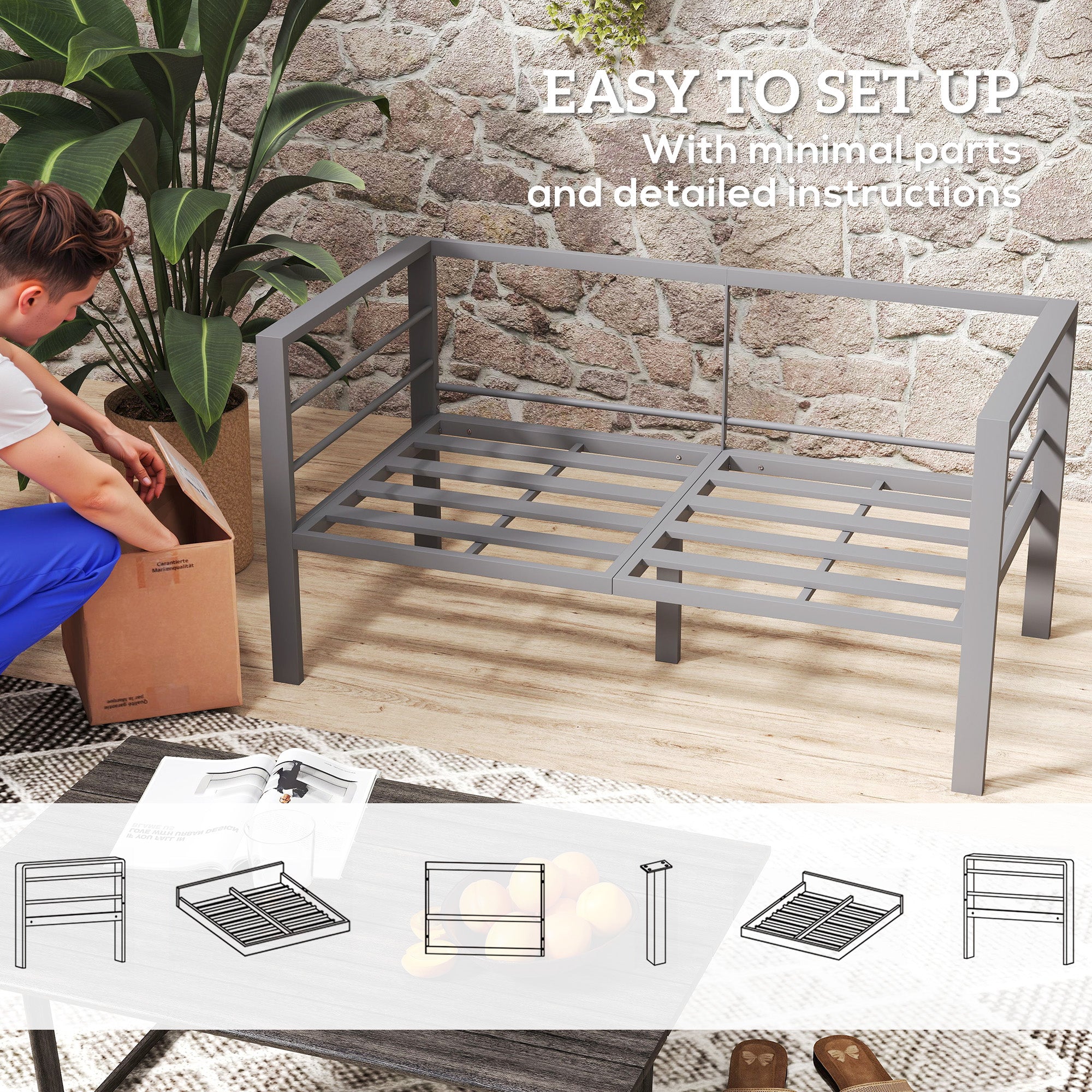 Two Seater Aluminium Garden Sofa with Cushions - Grey