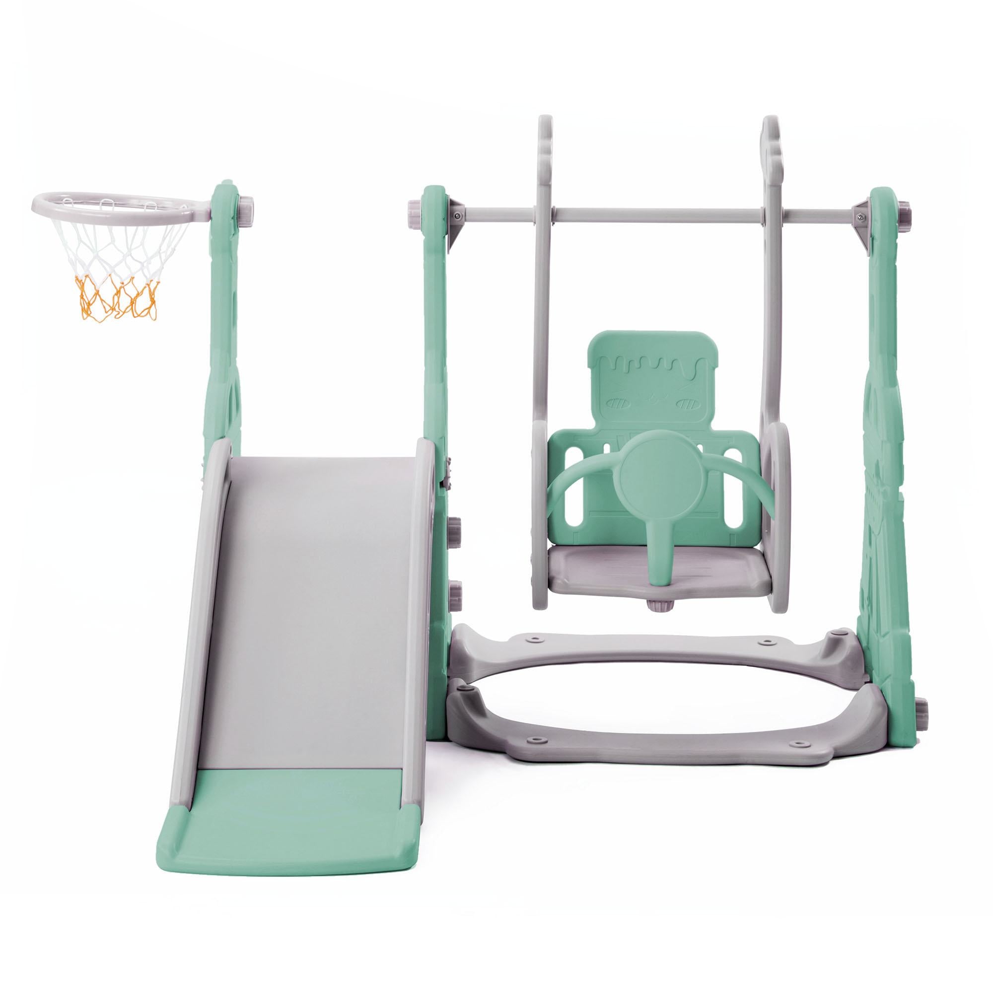 4-in-1 Children's Slide and Swing Set with Basketball Hoop and Climbing Ladder, Garden Slide Toddlers Climber, 140L x 118W x 102H cm, Green