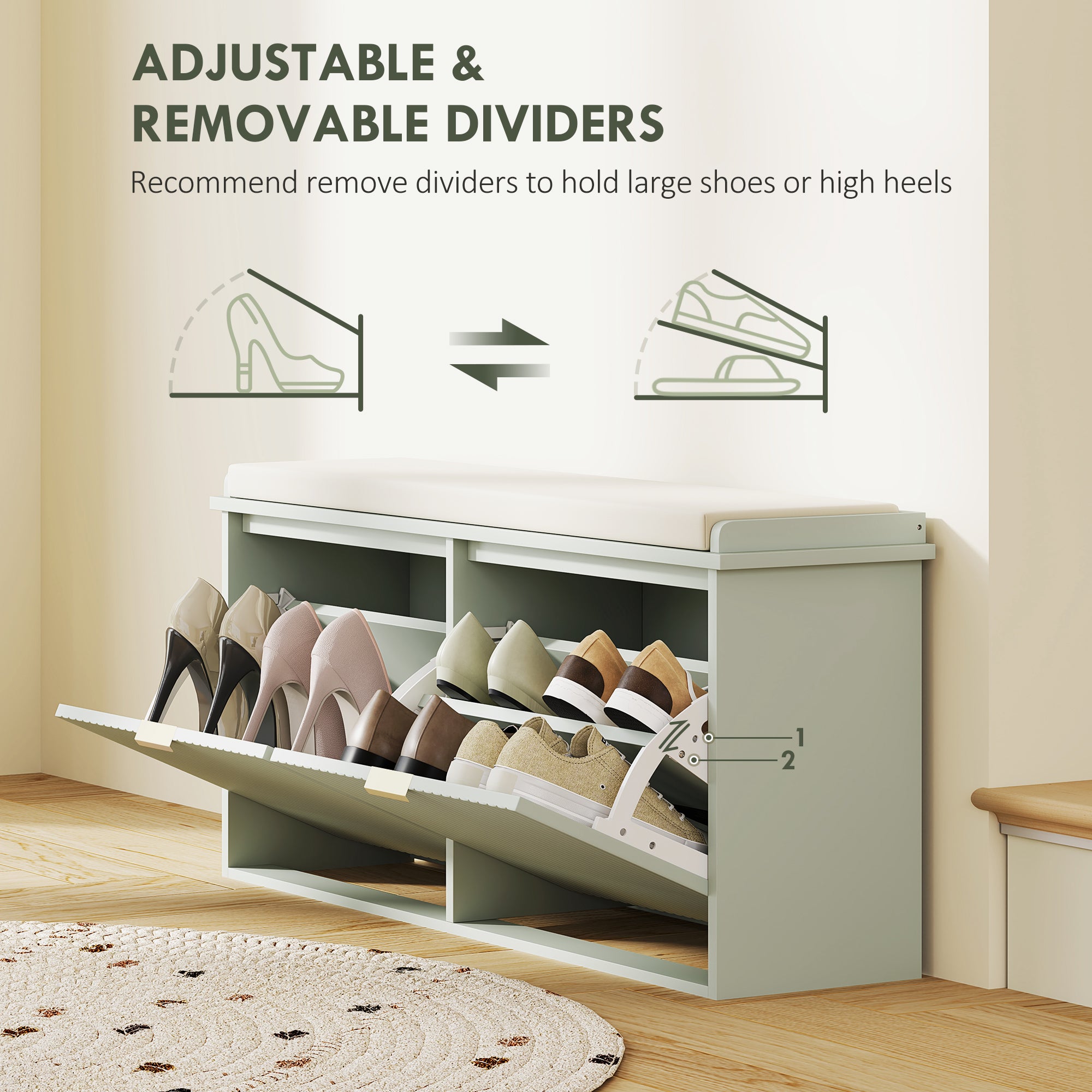 Elegant Ten Shoe Storage Bench with Padded Seat - Green